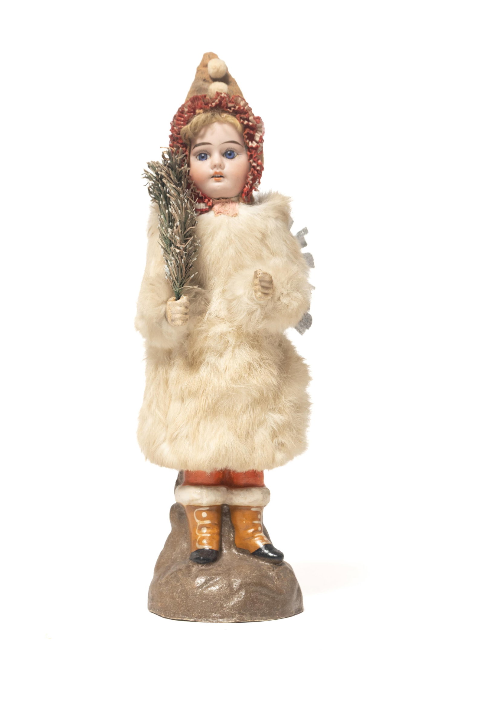 STANDING SNOW ANGEL FAIRY CANDY CONTAINER.: STANDING SNOW ANGEL FAIRY CANDY CONTAINER. Germany, early 20th Century. A standing fairy with a porcelain face, blue glass eyes, open mouth, blonde bangs under her brown felt hood with a leaf design