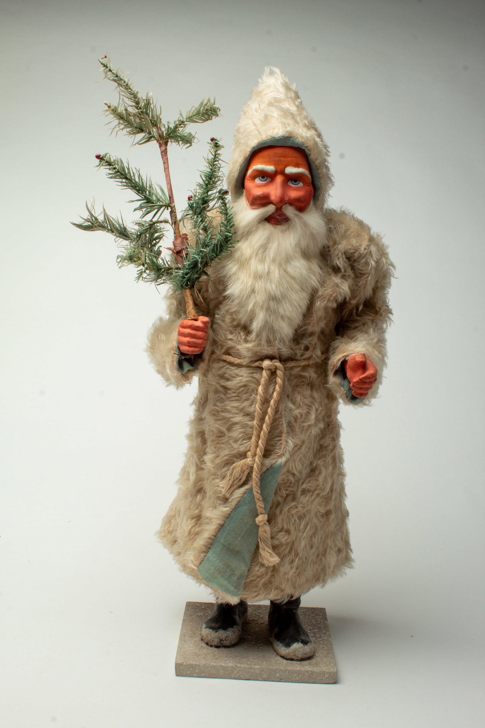 LARGE STANDING SANTA CANDY CONTAINER WITH HOODED MOHAIR COAT. (1 of 3)