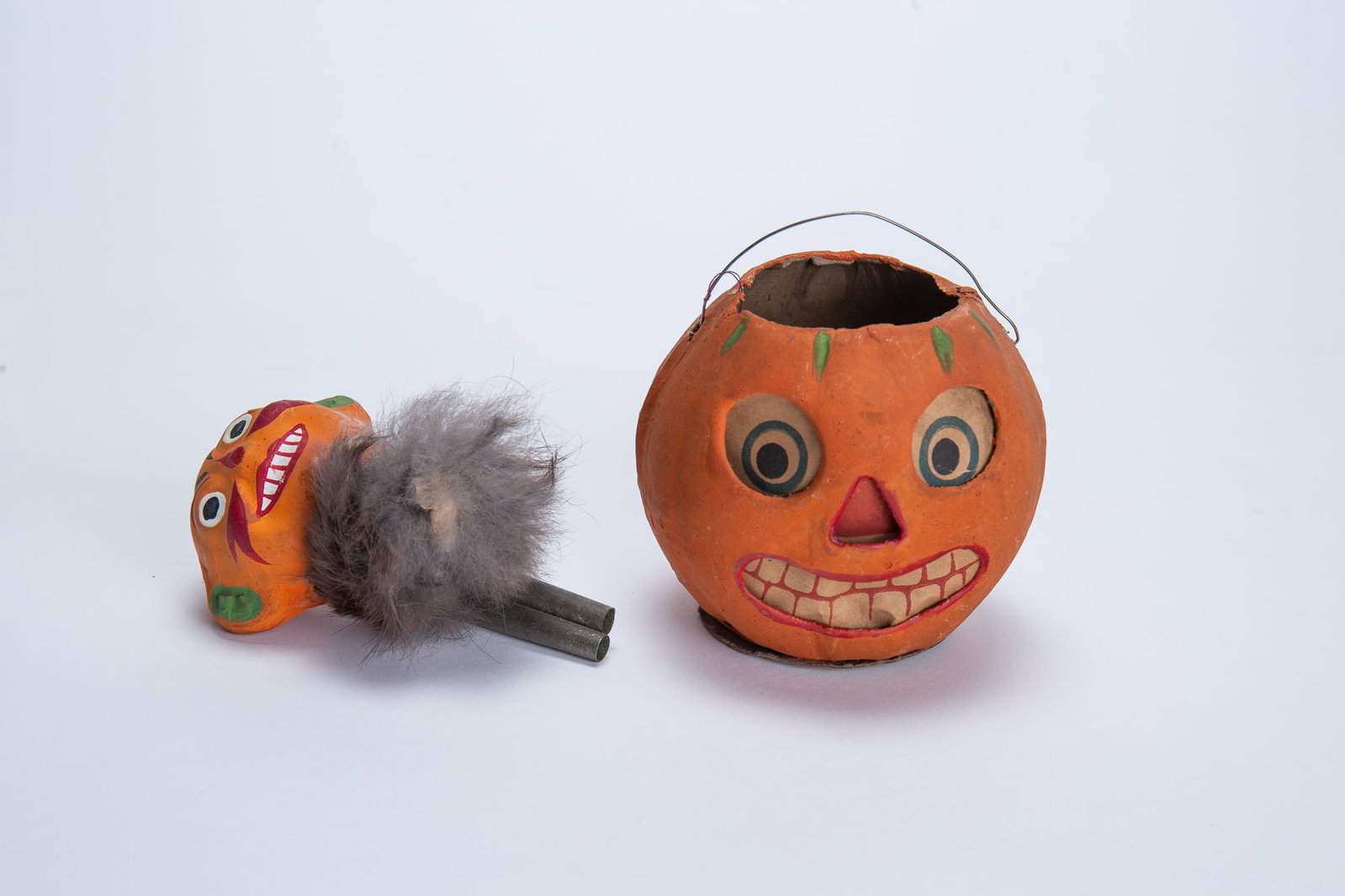 HALLOWEEN GOBLIN HEAD PAPIER-MACHE WHISTLE AND MINIATURE JACK-O-LANTERN. (1 of 7)