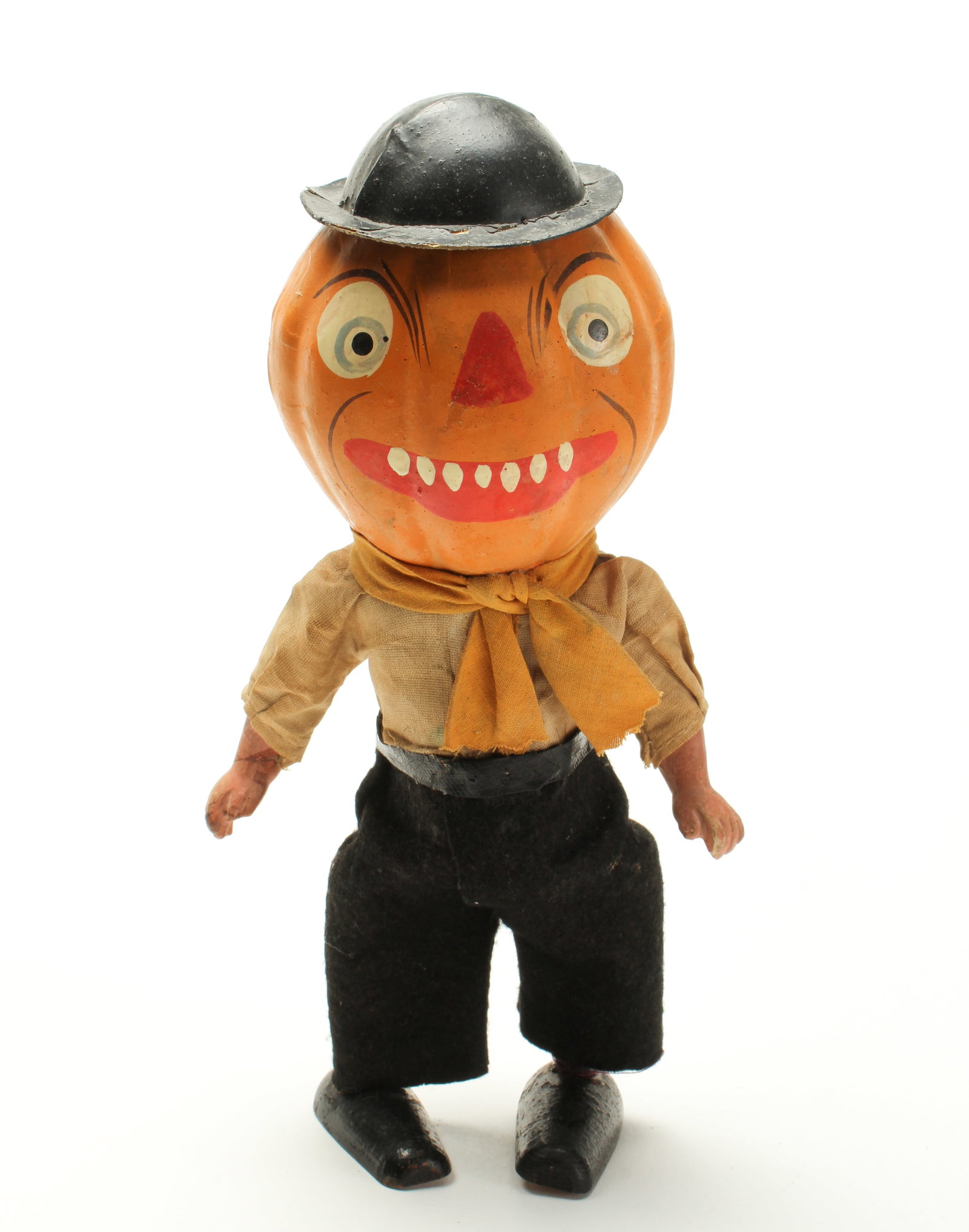 PUMPKIN HEAD MAN HALLOWEEN WIND-UP TOY.: PUMPKIN HEAD MAN HALLOWEEN WIND-UP TOY. Germany, 20th Century. Having a painted, papier-mache head with black hat, pants, and shoes as well as a gold neck scarf; winds in back; 10.25"h. 6"w.