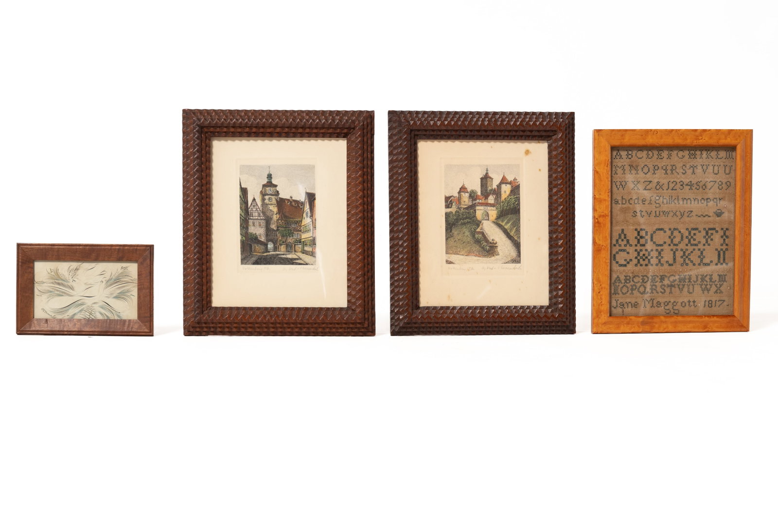 FOUR FRAMED ITEMS, INCL. NEEDLEWORK SAMPLER.: FOUR FRAMED ITEMS, INCL. NEEDLEWORK SAMPLER. American, 19th Century. Sampler by Jane Maggott, dated 1817. Alphabet and numerals in a contemporary bird's-eye maple frame, 12.25"h. 10"w. A Spencerian
