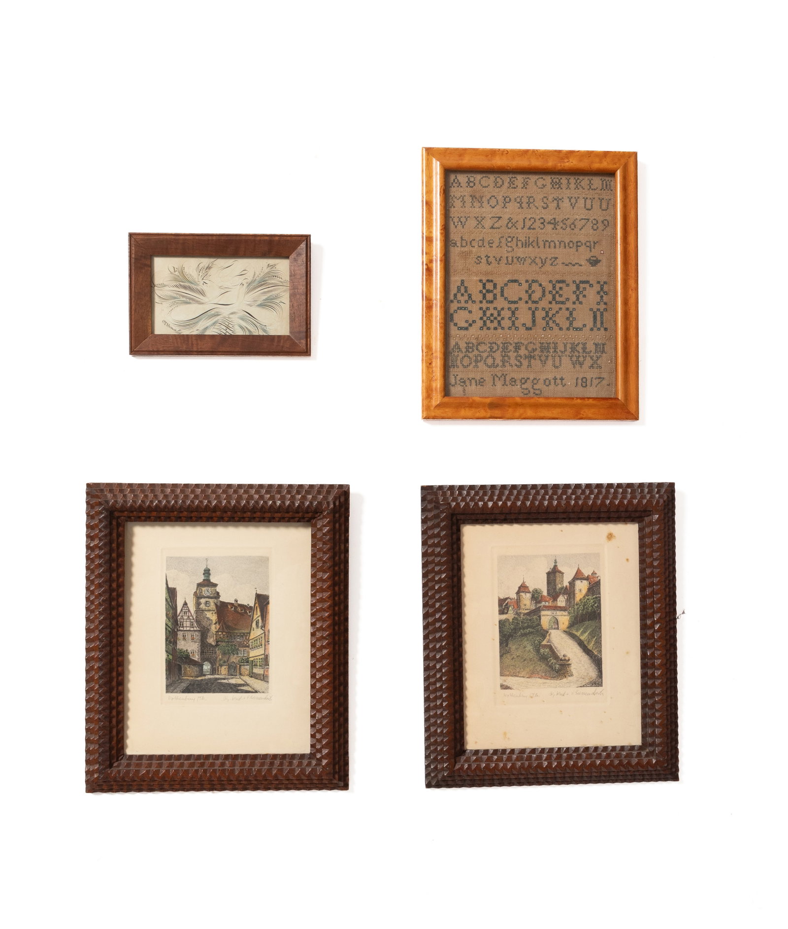 FOUR FRAMED ITEMS, INCL. NEEDLEWORK SAMPLER. - 2