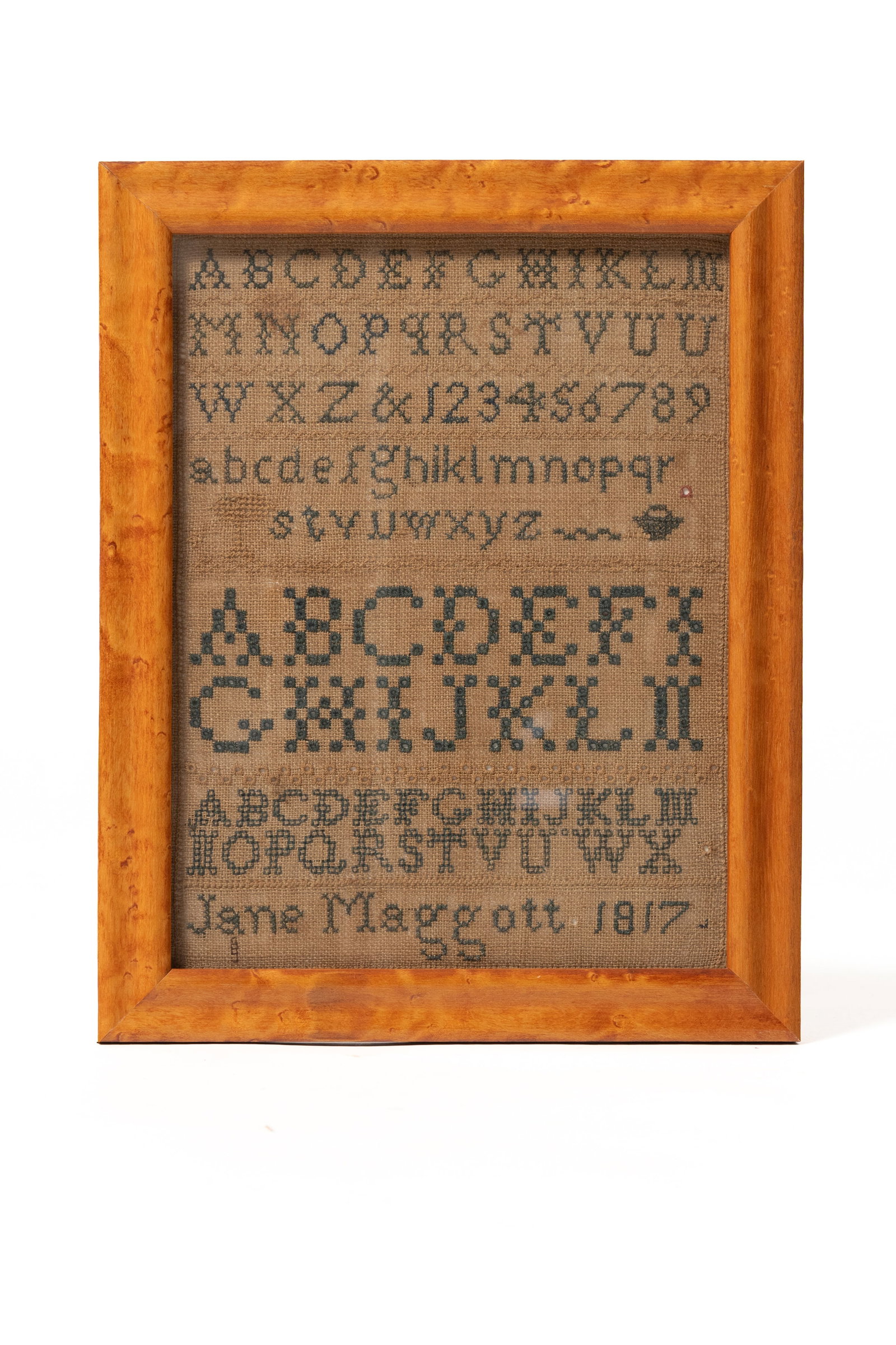 FOUR FRAMED ITEMS, INCL. NEEDLEWORK SAMPLER. - 4