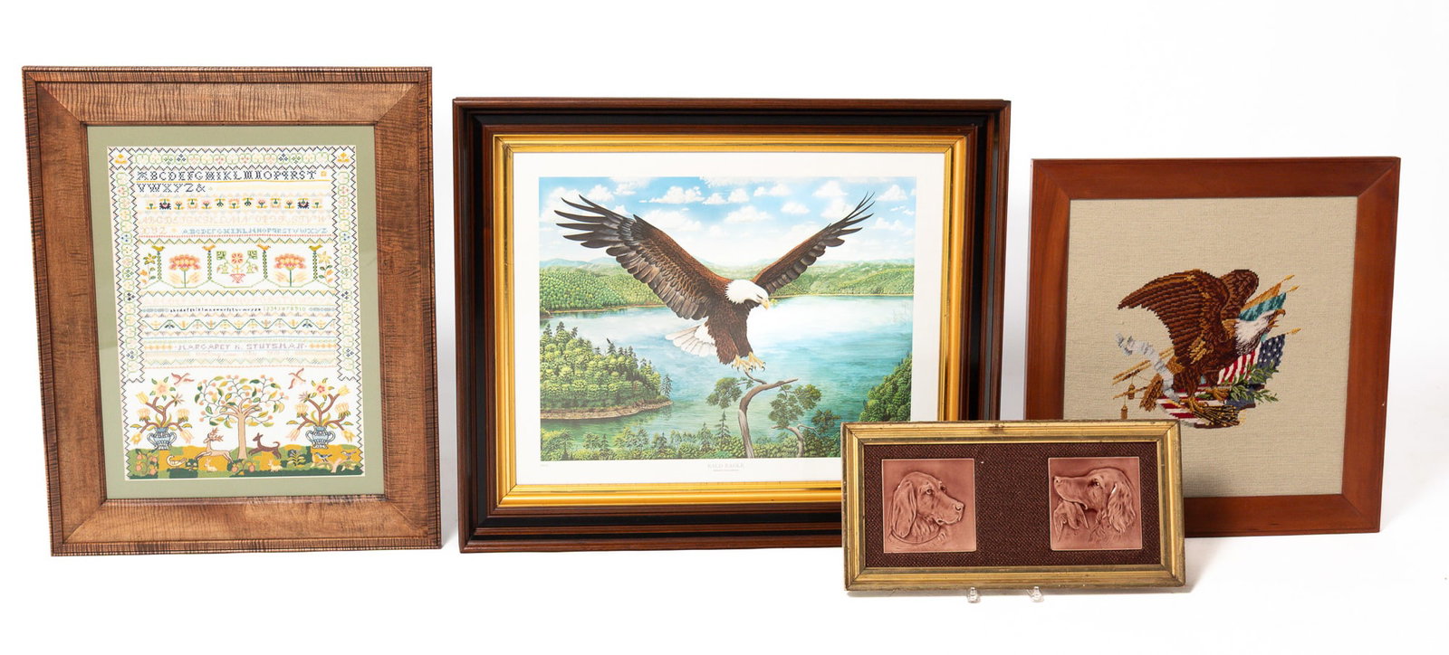FOUR FRAMED ITEMS, INCL. NEEDLEWORK SAMPLER.: FOUR FRAMED ITEMS, INCL. NEEDLEWORK SAMPLER. American, 19th and 20th Century. Charles Spaulding "BALD EAGLE" 1973 print in a walnut shadowbox frame, 31"h. 37.5"w.; a needlepoint bald eagle in a