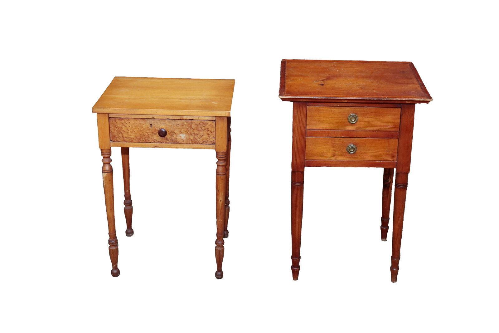 NEW ENGLAND SHERATON PAINT-DECORATED TWO-DRAWER STAND AND SHERATON MAPLE ONE-DRAWER STAND. (1 of 8)