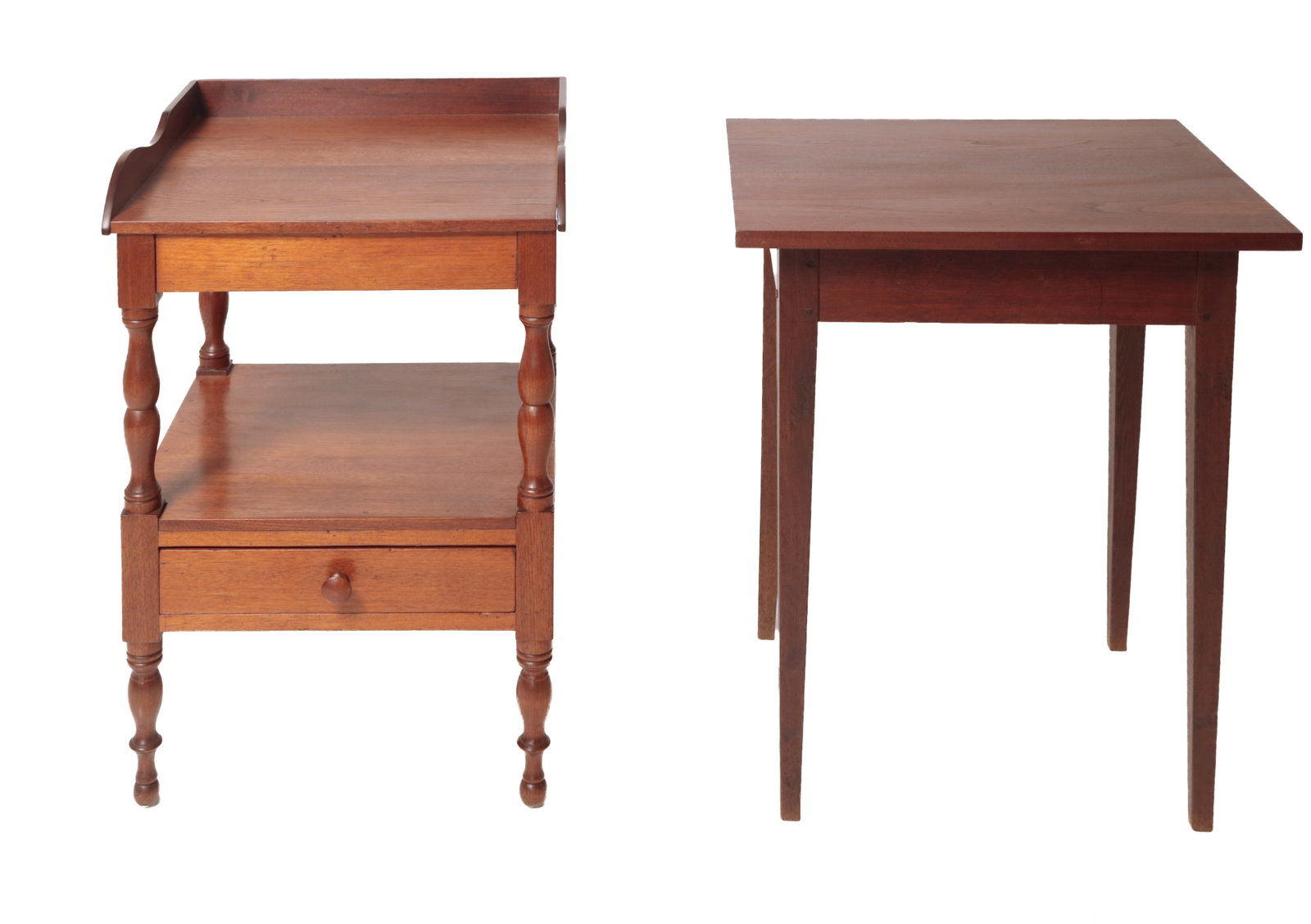 HEPPLEWHITE AND SHERATON STANDS.: HEPPLEWHITE AND SHERATON STANDS. American, first half 19th Century. Walnut Hepplewhite stand, tapered legs, and pegged construction, 29.25"h. 24"w. 19.75"d., and a Sheraton walnut with poplar secondar