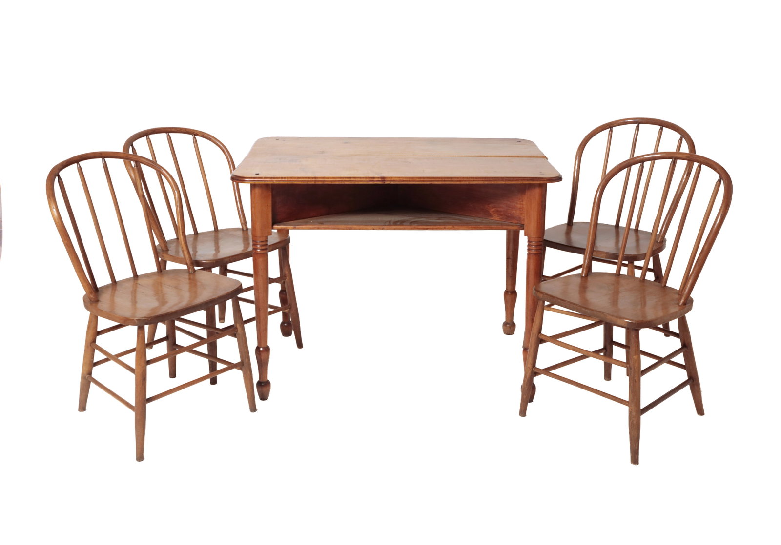 SHERATON TABLE AND FOUR BOW-BACK SIDE CHAIRS.: SHERATON TABLE AND FOUR BOW-BACK SIDE CHAIRS. American, 19th Century. Table having a rectangular, maple top with rounded corners over diagonal cubby-holes on each side, raised on turned legs. Peg and 