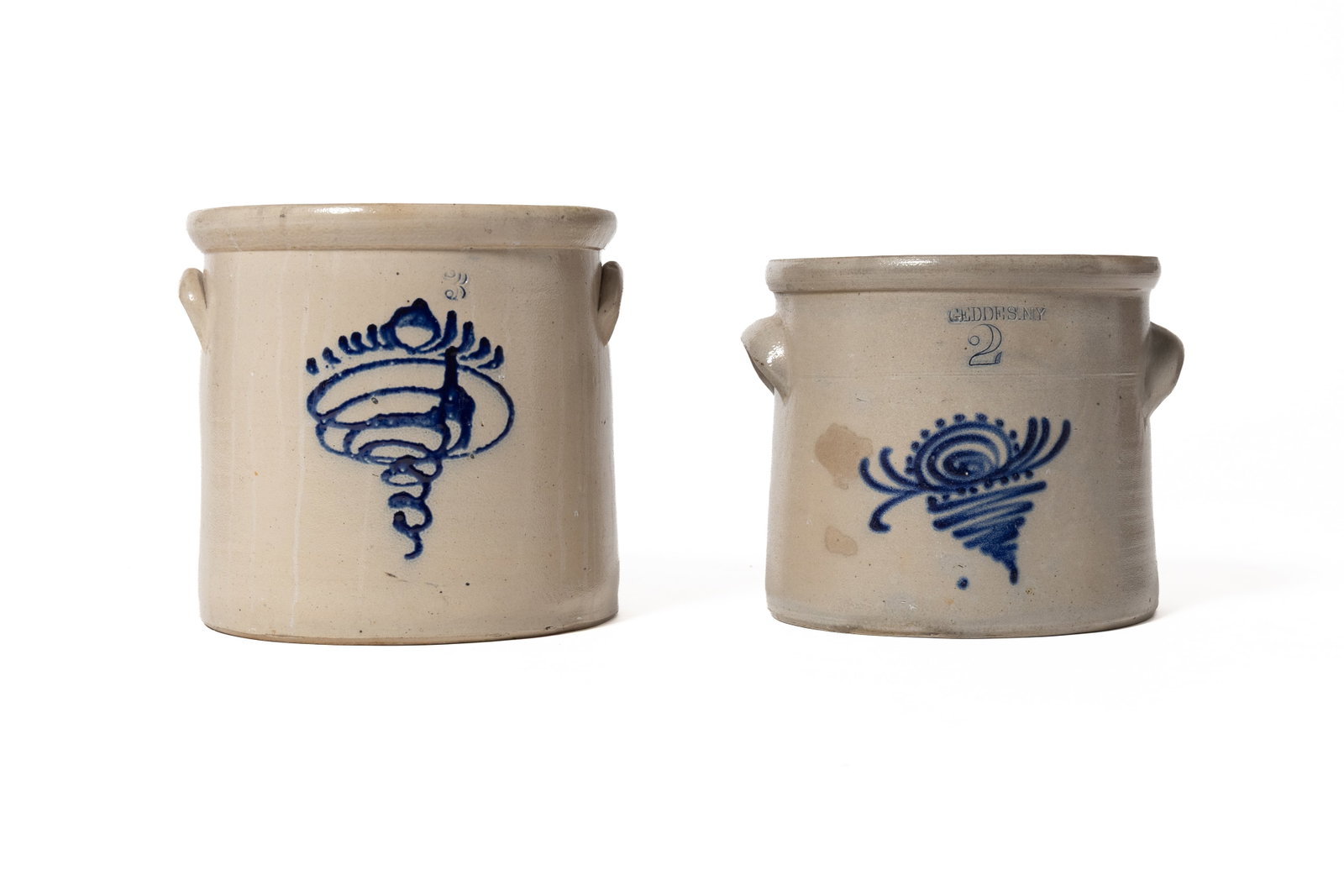 TWO COBALT-DECORATED STONEWARE CROCKS, INCL. GEDDES (NEW YORK) BEE STINGER AND UNMARKED TORNADO. (1 of 5)