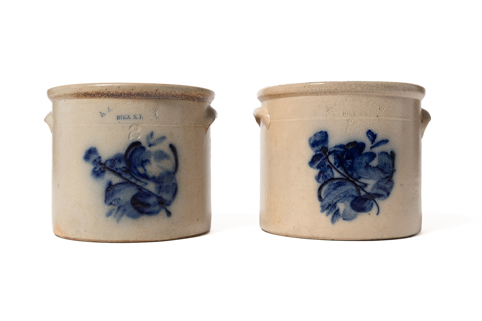 TWO N.A. WHITE & SON (UTICA, NEW YORK) COBALT-DECORATED TWO GALLON STONEWARE CROCKS. (1 of 5)