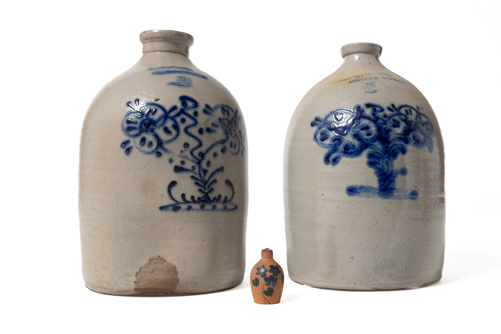 TWO SOMERSET POTTERS WORKS (SOMERSET, MASSACHUSETTS) COBALT-DECORATED TWO GALLON STONEWARE JUGS, (1 of 19)