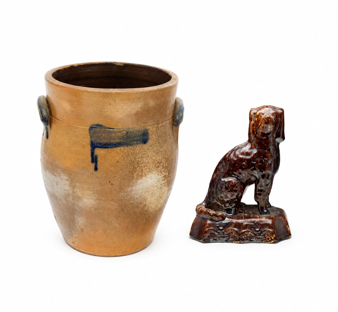THREE GALLON STONEWARE JAR AND YELLOWWARE SPANIEL. (1 of 12)