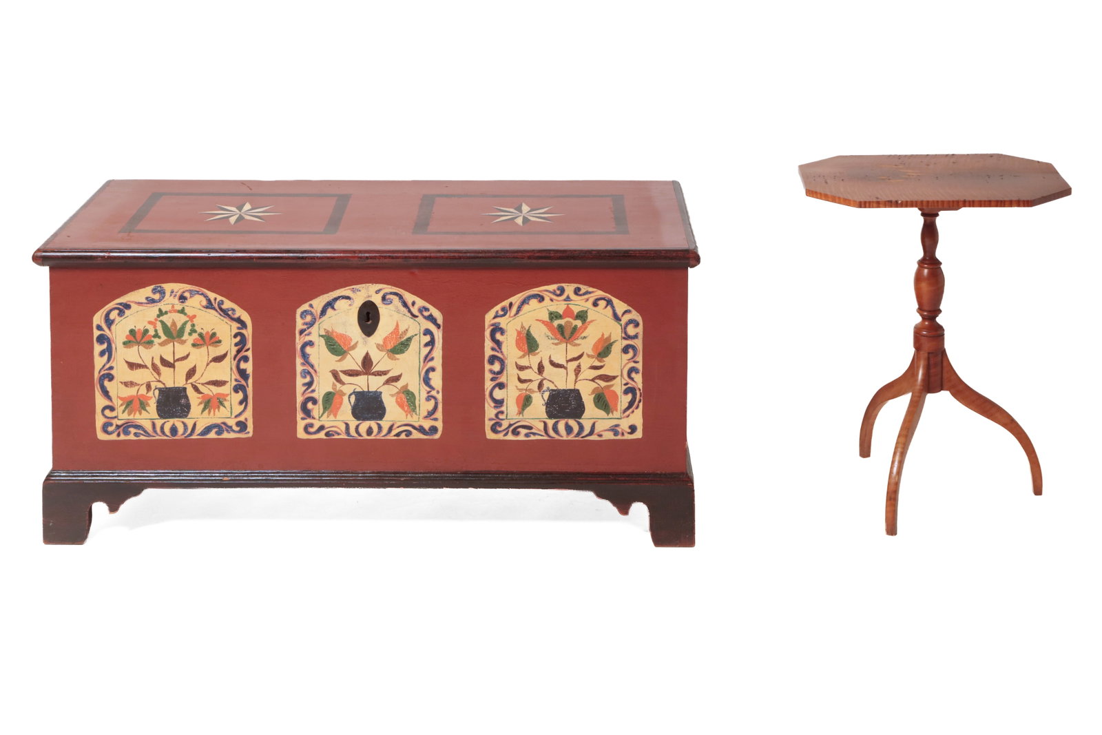 TIGER MAPLE CANDLESTAND AND BLANKET CHEST WITH DAVID T. SMITH (MORROW, OHIO) PAINT DECORATION. (1 of 15)