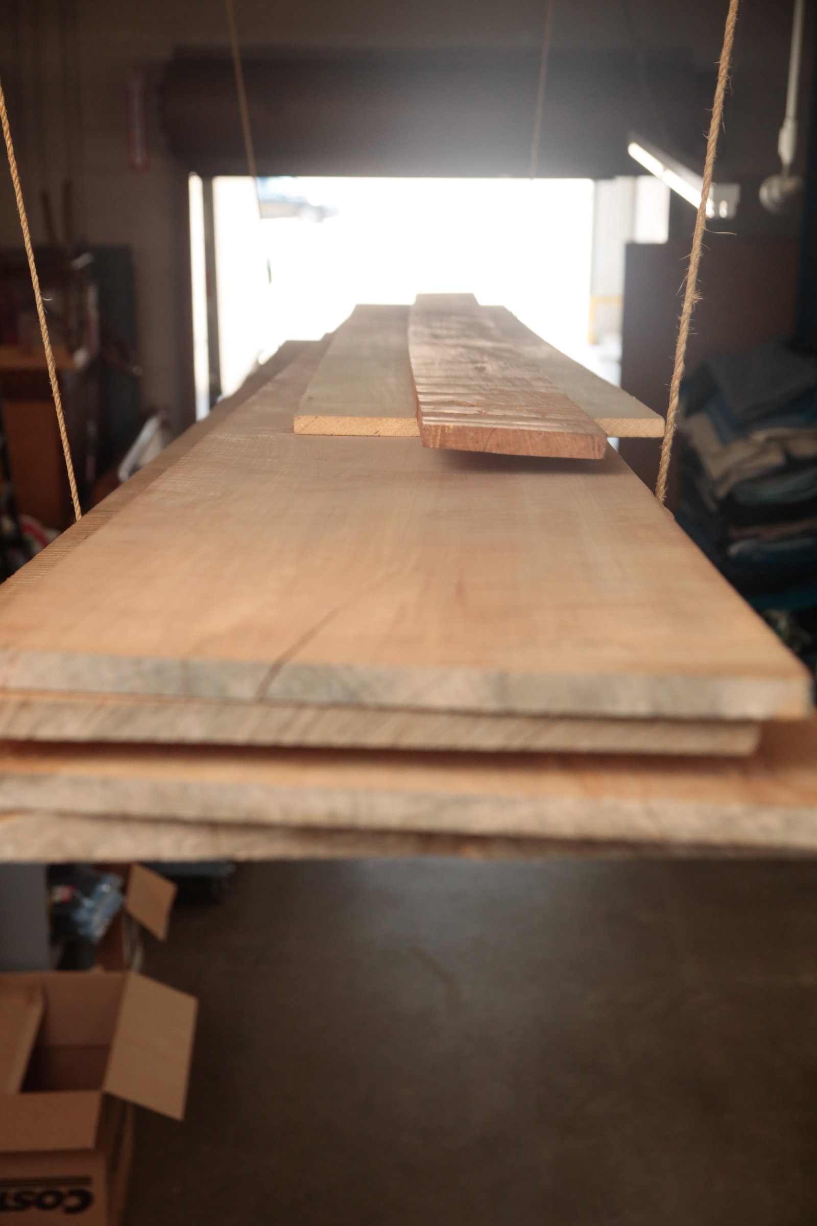 SEVEN TIGER MAPLE PLANKS.: SEVEN TIGER MAPLE PLANKS. American, 20th Century. From 22"w. to 6"w. 151"l. to 107"l. 1" thick to 1.5" thick. Provenance: Lee and Woodie Goddard (Bowling Green, Ohio).