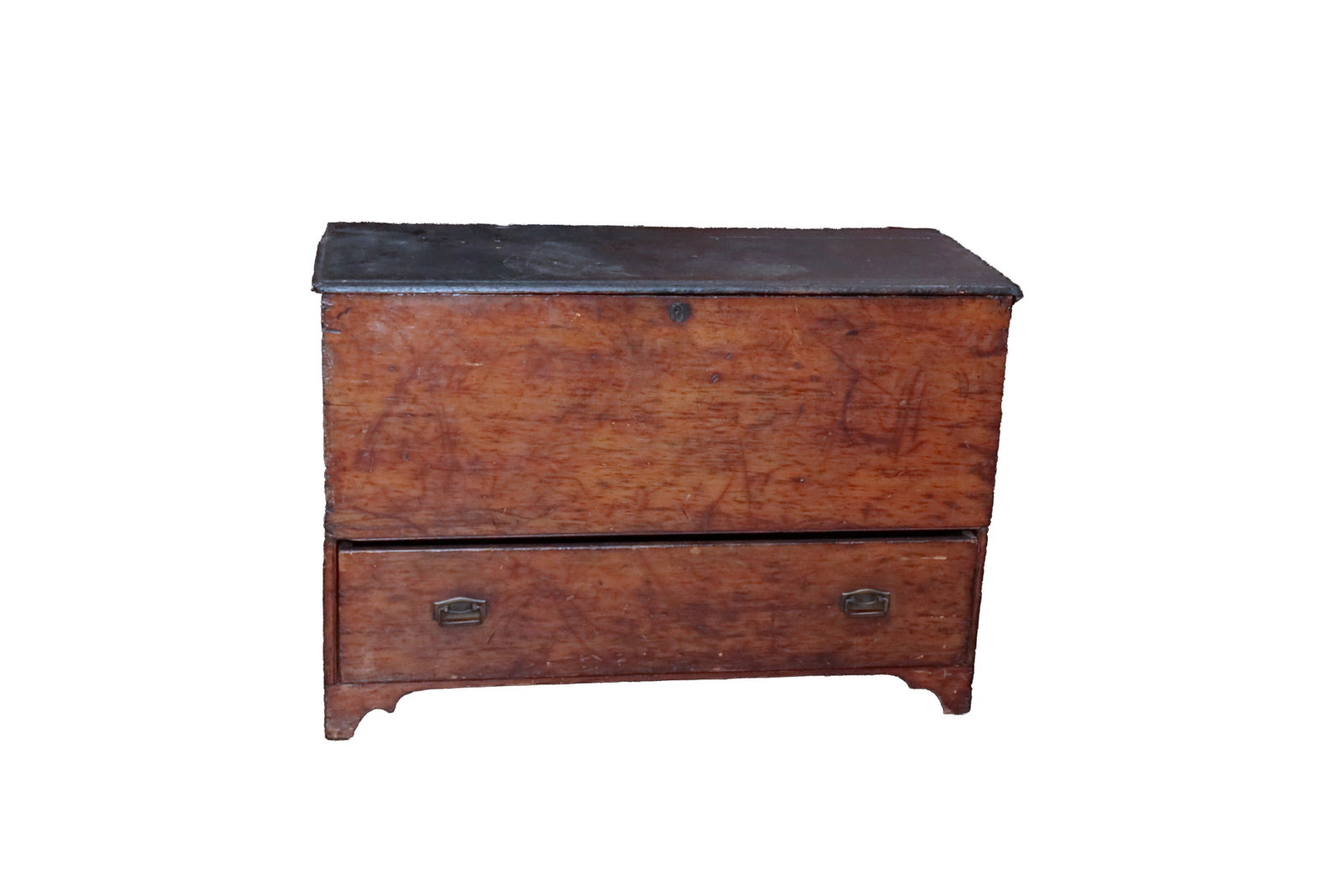 GRAIN-PAINTED MULE CHEST.: GRAIN-PAINTED MULE CHEST. American, 18th Century. Pine. Simple construction with square nails. Lid with applied edge moldings and painted black, one overlapping dovetailed drawer with two brass