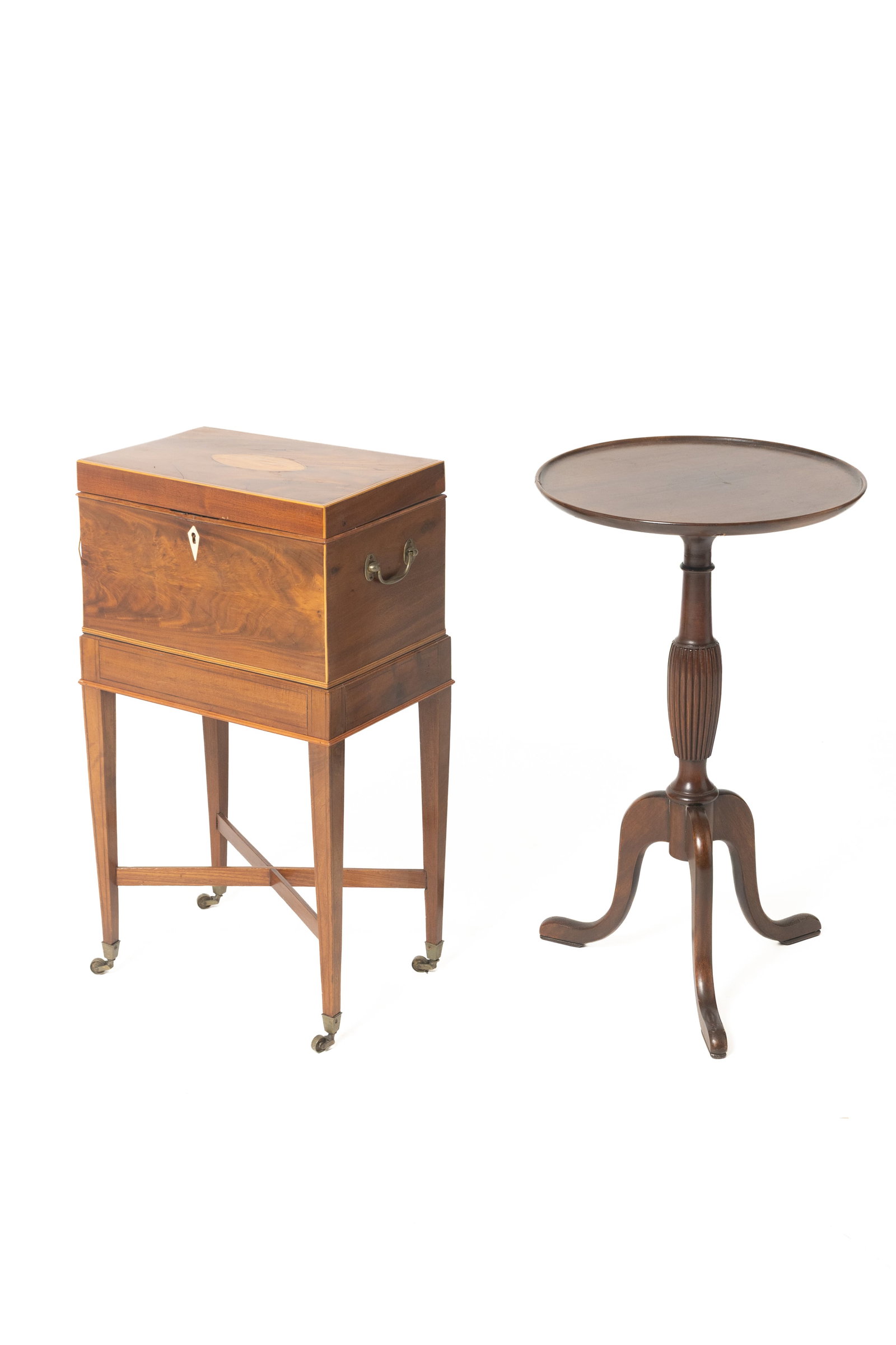 HEPPLEWHITE INLAID CELLARETTE-ON-STAND AND MAHOGANY CANDLESTAND. (1 of 16)