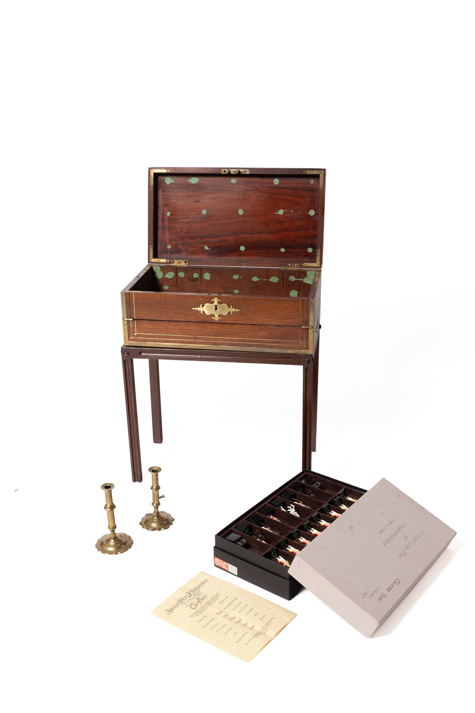 LAP DESK ON STAND, QUEEN ANNE CANDLESTICKS, AND BICENTENNIAL CHESS SET. (1 of 9)