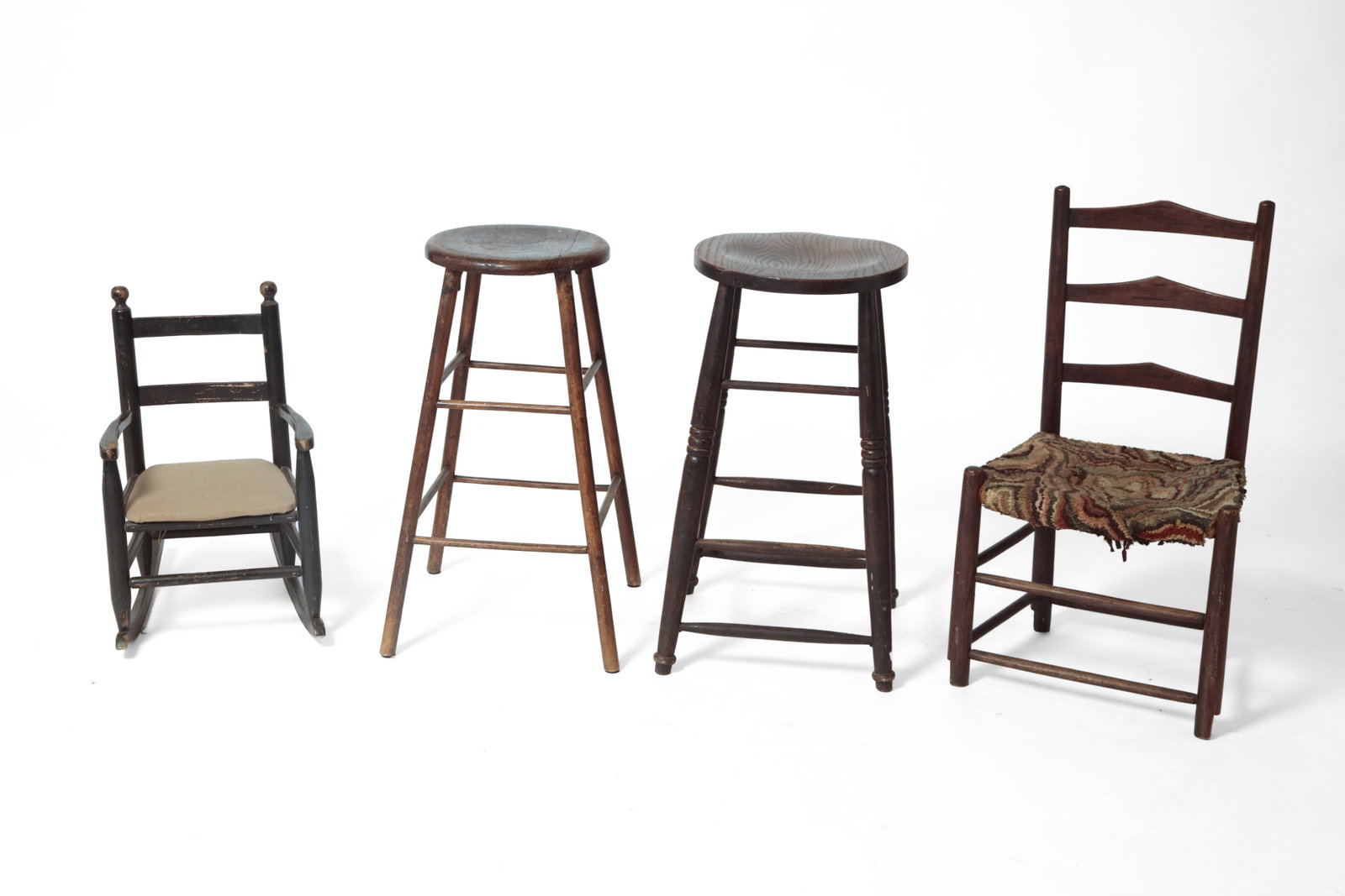 CHILD'S LADDERBACK CHAIR, CHILD'S ROCKER, AND TWO HIGH STOOLS. (1 of 4)
