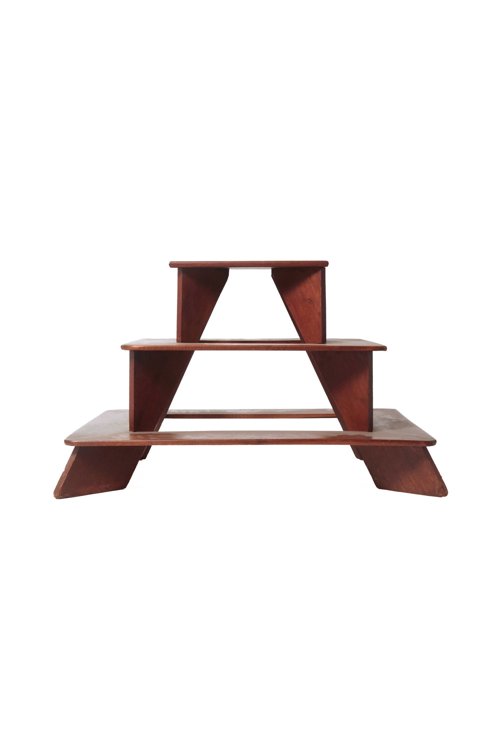 RECTANGULAR THREE-TIER PLANT STAND.: RECTANGULAR THREE-TIER PLANT STAND. American, second half 19th Century. Walnut. Square nail construction with mitered joints, 24"h. 38.5"w. 27"d. Provenance: The Estate of Mary Lou Stauffer (Milan,
