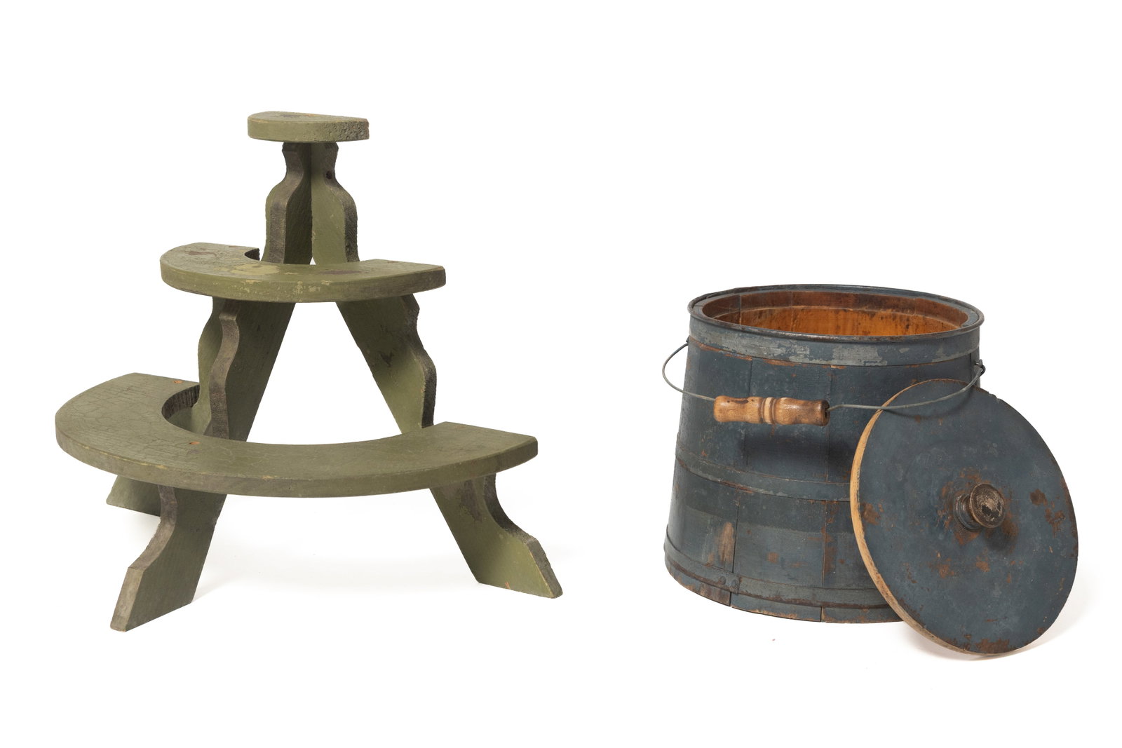DIMINUTIVE GREEN-PAINTED THREE-TIER DEMILUNE STAND AND BLUE-PAINTED FIRKIN.: DIMINUTIVE GREEN-PAINTED THREE-TIER DEMILUNE STAND AND BLUE-PAINTED FIRKIN. American, late 19th or early 20th Century. Pine. Half-round stand on three shaped legs, nice alligatored paint. 15.25"h.