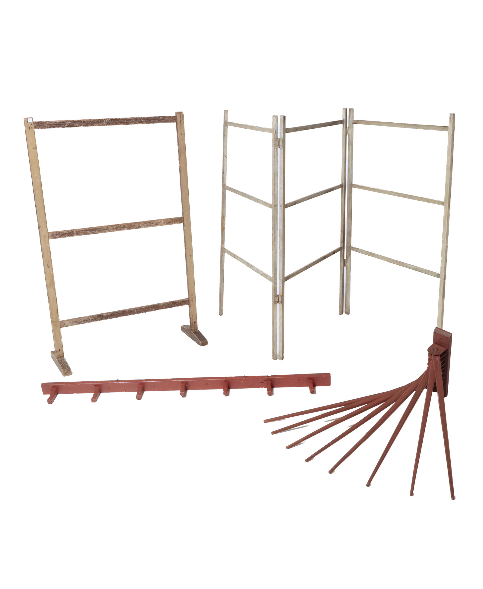 TWO COUNTRY PAINTED DRYING RACKS, EIGHT-ARM DRYING RACK, AND PEG RAIL. (1 of 20)