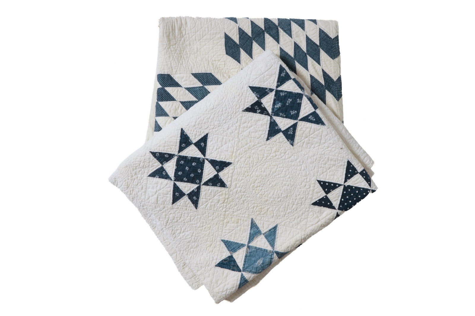 TWO BLUE AND WHITE STAR PATTERN PIECED COTTON QUILTS. (1 of 6)