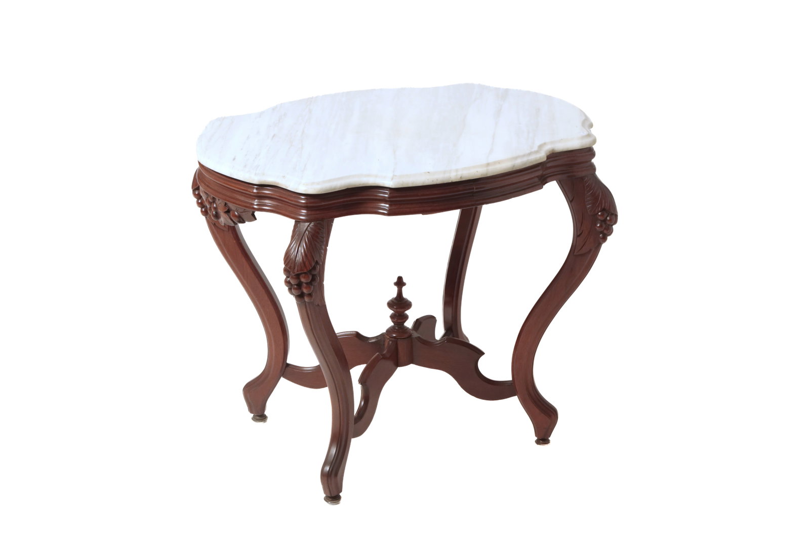 VICTORIAN MARBLE TOP PARLOR TABLE: VICTORIAN MARBLE TOP PARLOR TABLE American, third quarter 19th Century. Walnut. White marble top with routed edge, base with finger carved frame, carved grapes on skirt and knees of "S" shaped legs,