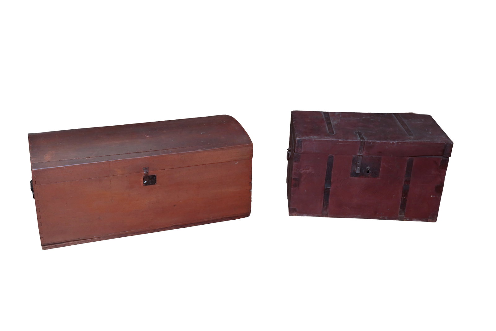 RED-PAINTED STEAMER TRUNK AND RED-WASHED DOME TOP TRUNK.: RED-PAINTED STEAMER TRUNK AND RED-WASHED DOME TOP TRUNK. American, 19th Century. Pine. Steamer trunk with hinged lid, wrought iron straps and handles and sheet iron details, iron hasp hardware with