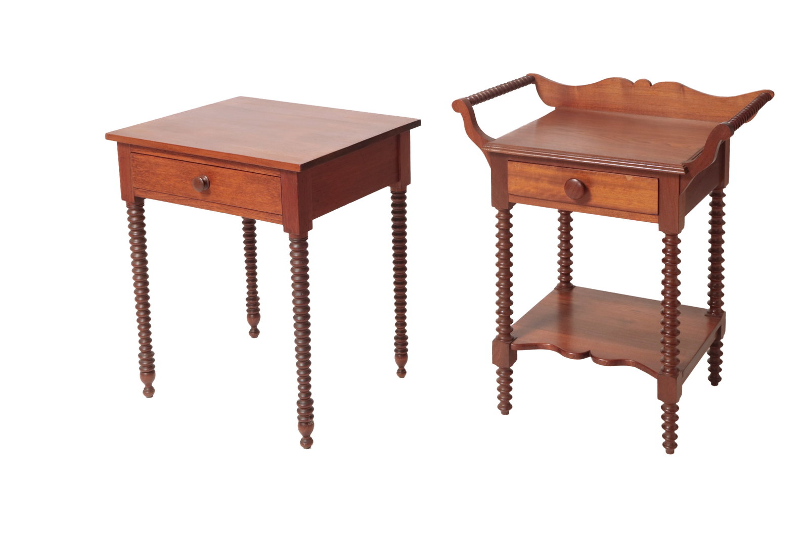 TWO STANDS WITH SPOOL-TURNED LEGS.: TWO STANDS WITH SPOOL-TURNED LEGS. American, mid- 19th Century. Walnut with poplar secondary. A washstand with shaped backsplash, towel bars, dovetailed drawer, and lower shelf with shaped front,