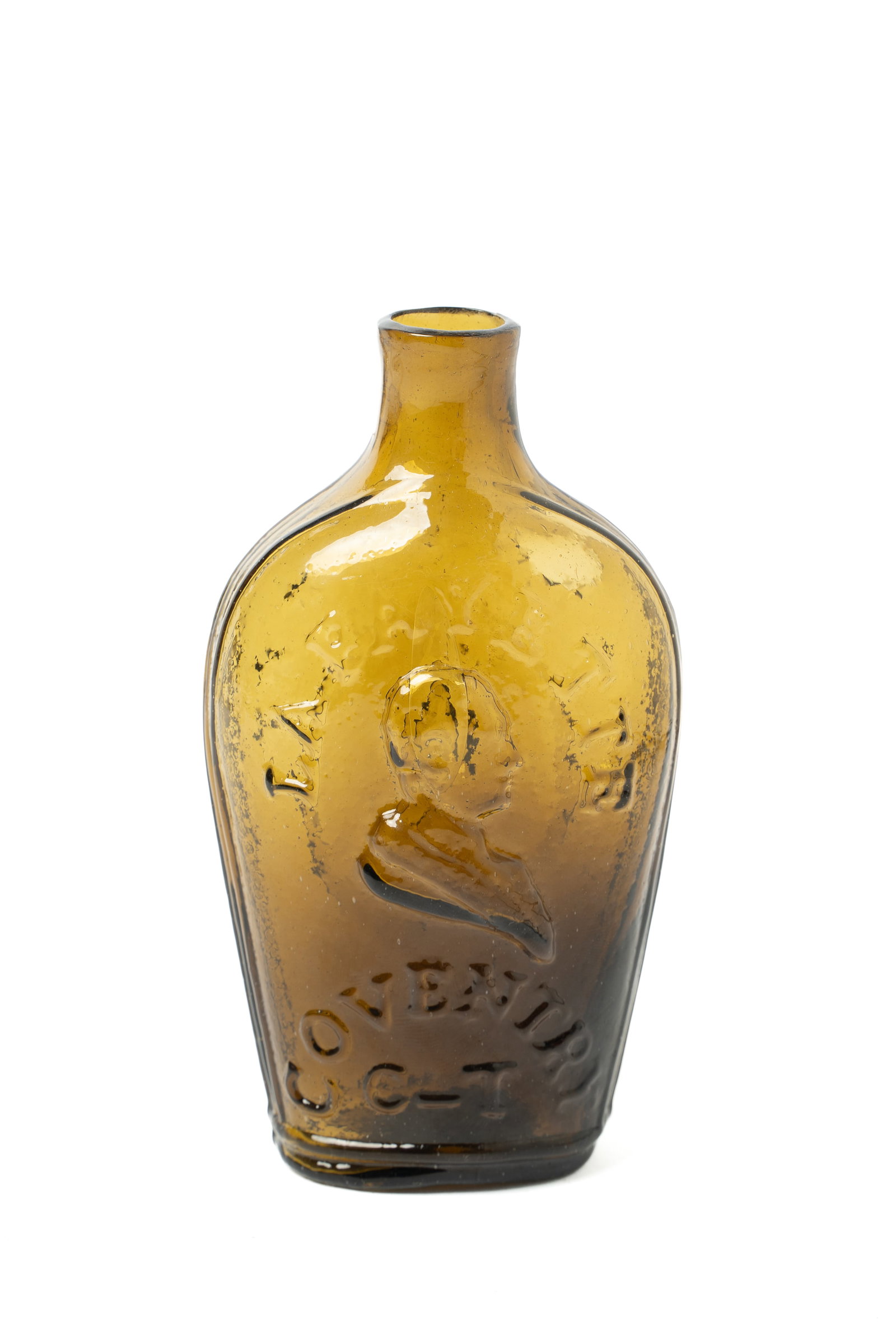 LAFAYETTE, COVENTRY, CT. PINT FLASK IN AMBER.: LAFAYETTE, COVENTRY, CT. PINT FLASK IN AMBER. American, first half 19th Century. GI-86. Lafayette bust and "LAFAYETTE, COVENTRY, C-T" on front and on obverse, nine stars, Liberty Cap in oval reserve a