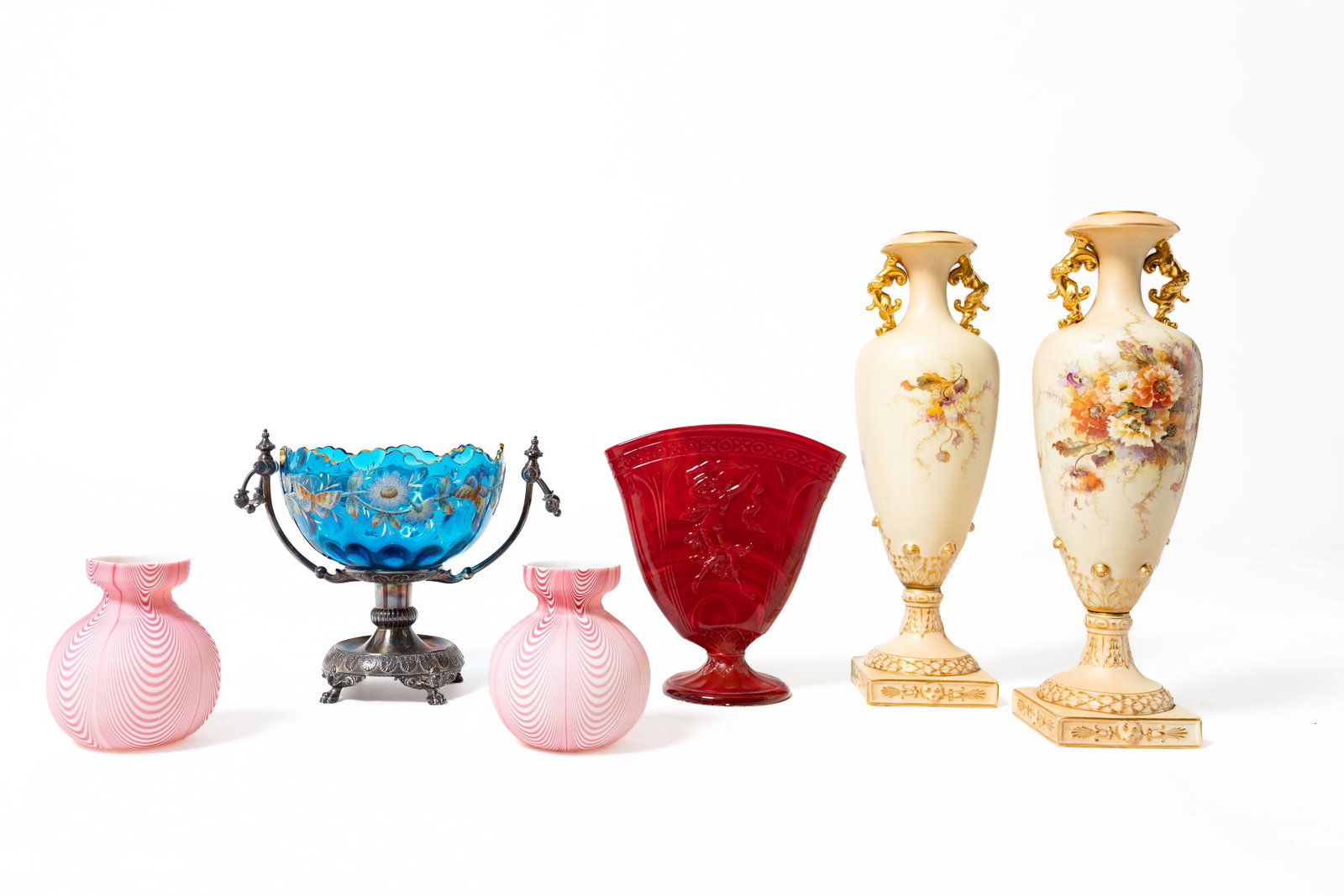 SIX DECORATIVE VESSELS.: SIX DECORATIVE VESSELS. American and German, late 19th and 20th Century. A pair of Rudolstadt urn-shaped vases with floral decoration and gold trim, 16.25"h. A Fenton "Dancing Girl" Mandarin red fan