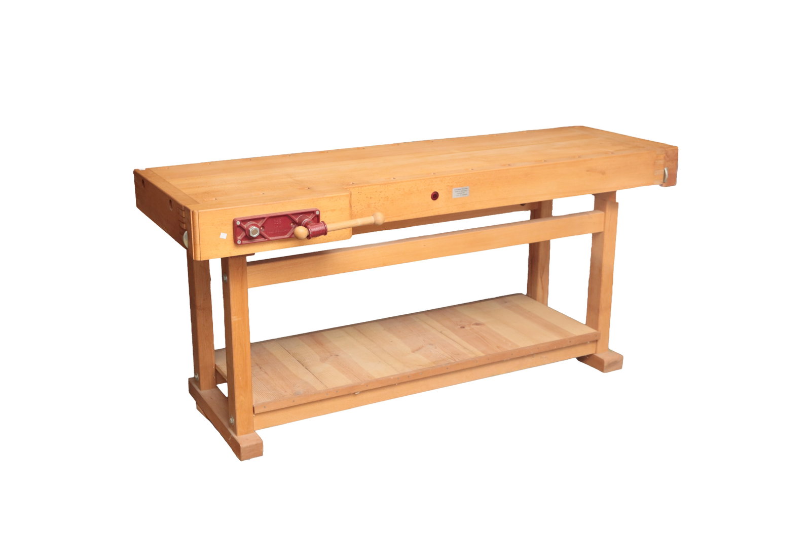 DIETENBACH MAPLE WORK BENCH.: DIETENBACH MAPLE WORK BENCH. German, 20th Century. Beautifully constructed with a vice on the front left and a second on the right end. Numerous rectangular holes in top for various attachments,