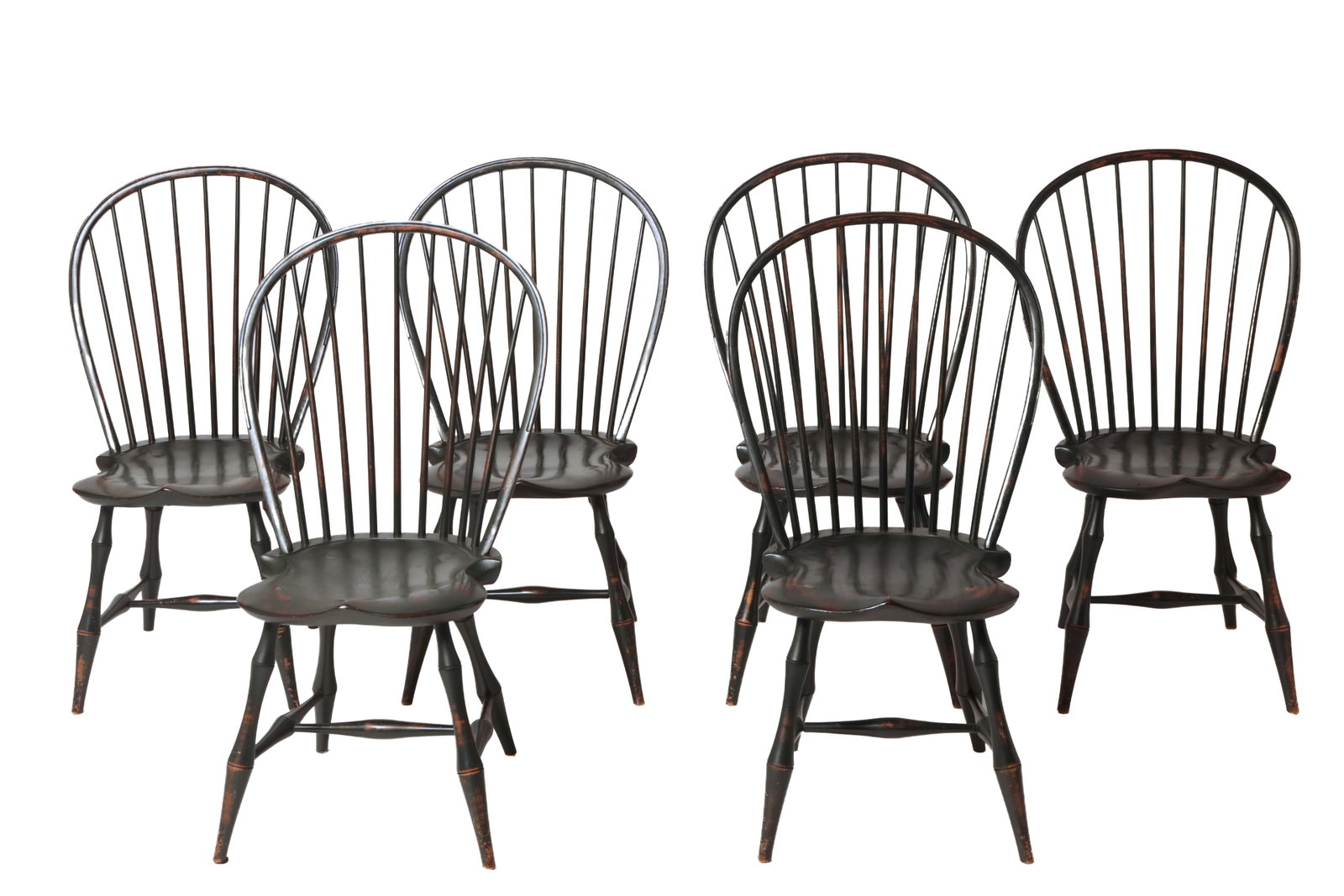 SET OF SIX D.R. DIMES (PITTSFIELD, NEW HAMPSHIRE) BOW-BACK WINDSOR SIDE CHAIRS.: SET OF SIX D.R. DIMES (PITTSFIELD, NEW HAMPSHIRE) BOW-BACK WINDSOR SIDE CHAIRS. American, 20th Century. Mixed woods. Spindle backs, turned stiles, legs and stretchers, shaped seats, and in green