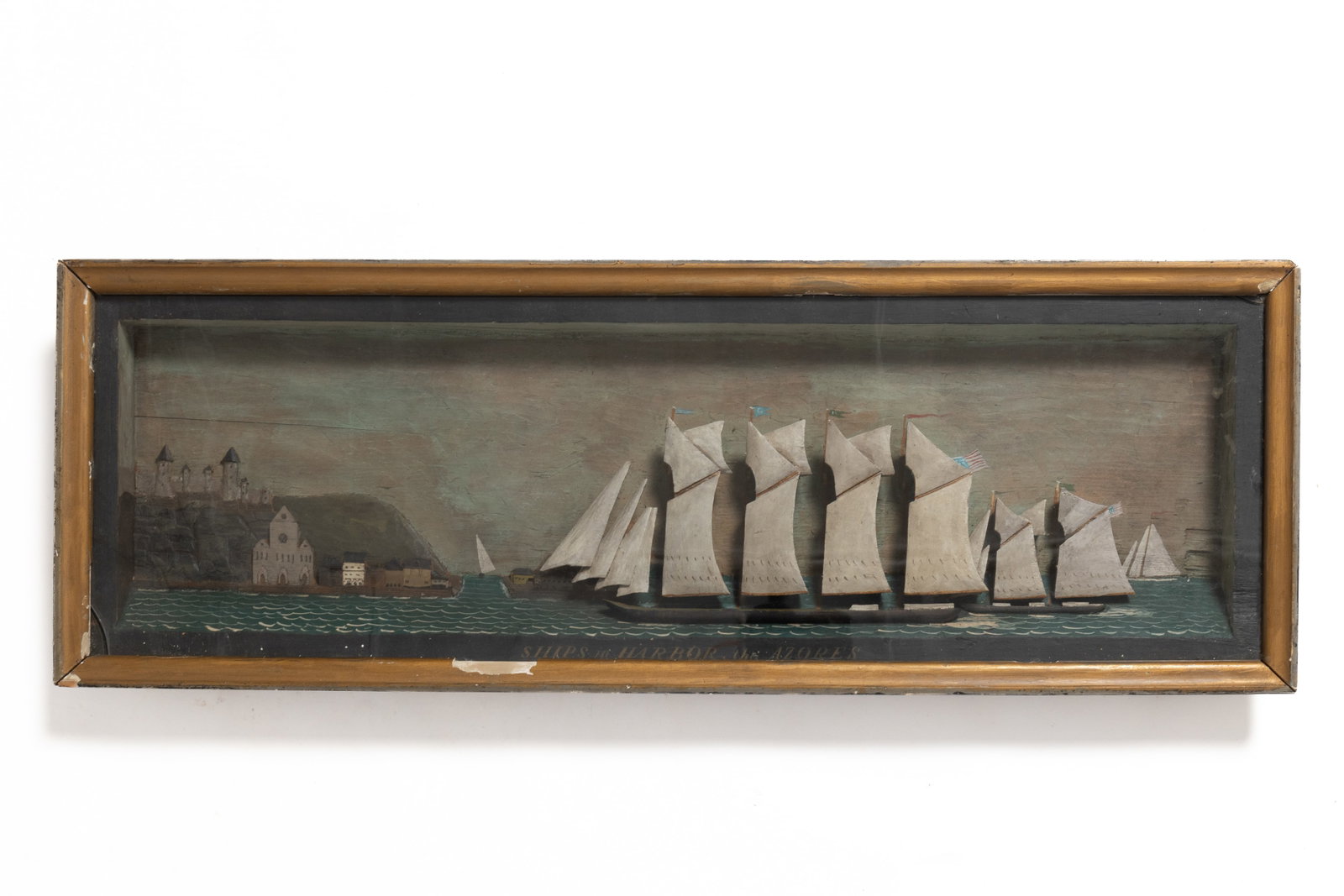 "SHIPS IN HARBOR, THE AZORES" CASED SHIP DIORAMA. (1 of 5)