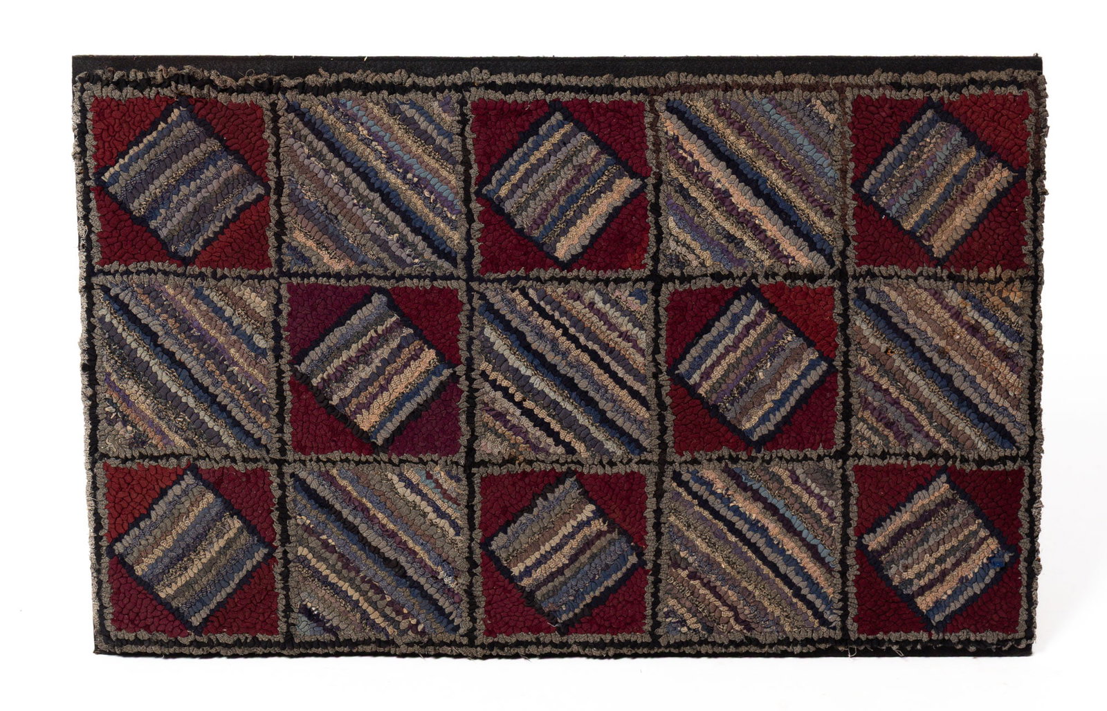HOOKED RUG WITH GEOMETRIC PATTERN.: HOOKED RUG WITH GEOMETRIC PATTERN. American, 20th Century. Alternating squares and diamond with square motif, mounted on black felt on a pine stretcher. 24"h. 38"w.