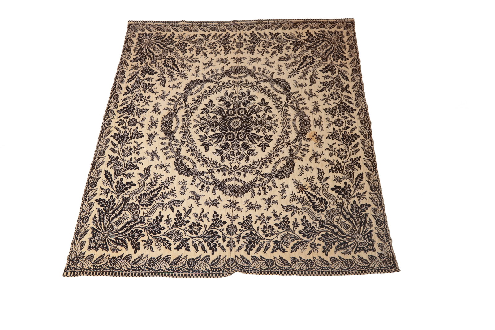 JACQUARD SUMMER-WINTER COVERLET BY "MARY F. TRAVER, JANUARY 1, 1846". (1 of 5)