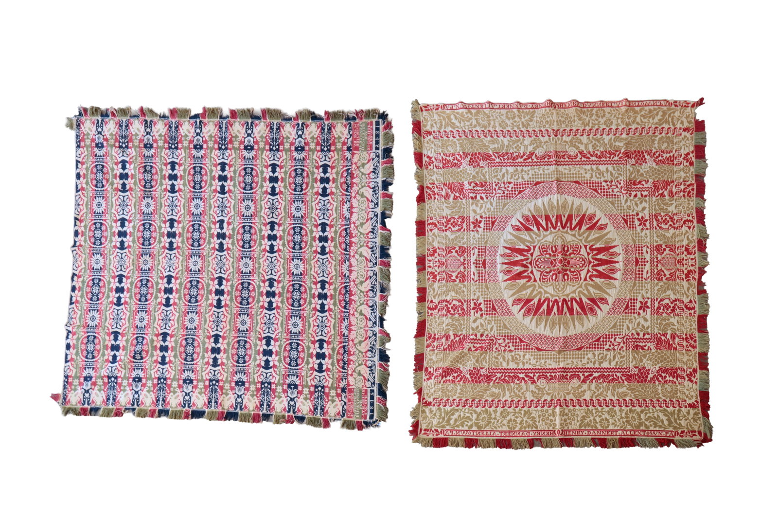 TWO PENNSYLVANIA JACQUARD COVERLETS WITH MAKER'S NAMES.: TWO PENNSYLVANIA JACQUARD COVERLETS WITH MAKER'S NAMES. American, mid- 19th Century. The first is red, green, and blue on cream, in two sections, stitched together, corner block "Made By A. Zelner, Pl