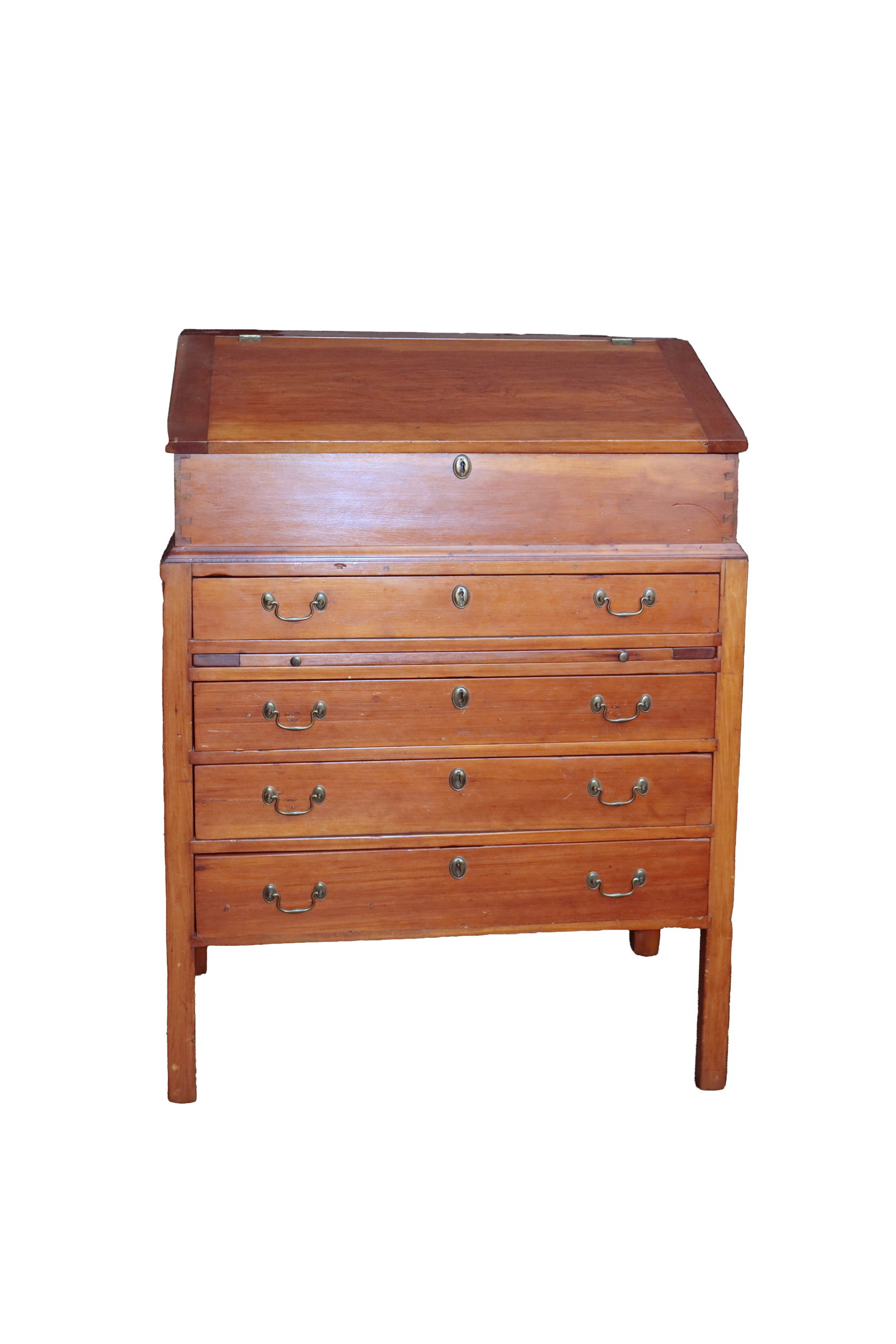 FEDERAL STYLE SLANT-FRONT DESK.: FEDERAL STYLE SLANT-FRONT DESK. American, 19th Century. Poplar. In two parts. Hinged lift-top lid, on a dovetailed case with fitted interior with pigeonholes and a single dovetailed drawer. Coved