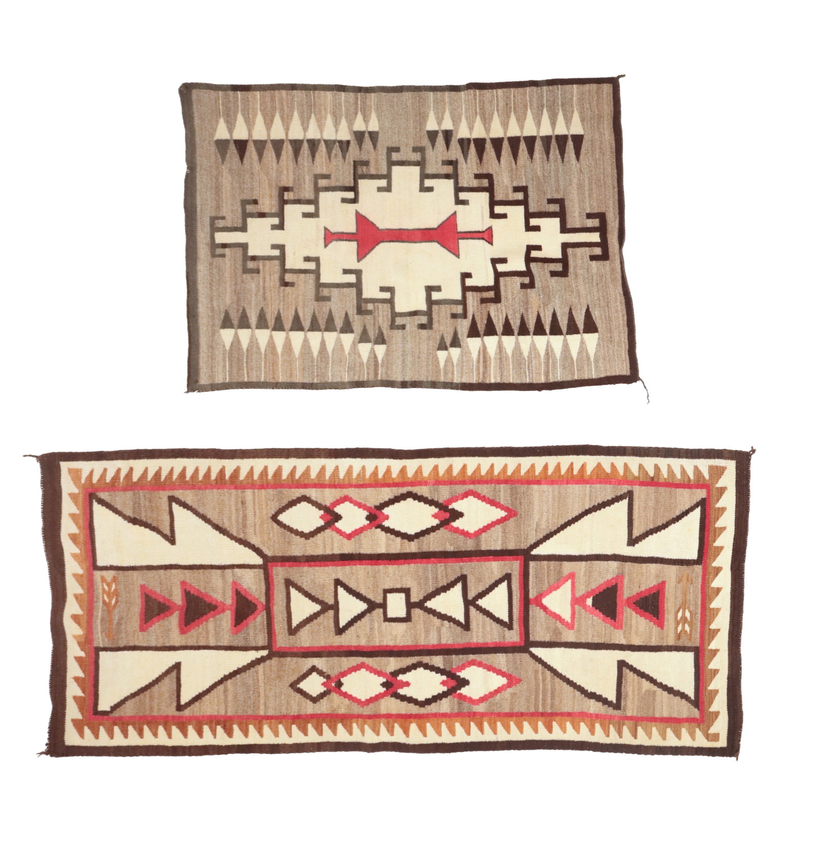 TWO NAVAJO STORM PATTERN RUGS OR BLANKETS.: TWO NAVAJO STORM PATTERN RUGS OR BLANKETS. Native American, 20th Century. Wool. The larger a runner having diamond, triangles, and arrows within a zigzag border in colors of red, brown, cream, and