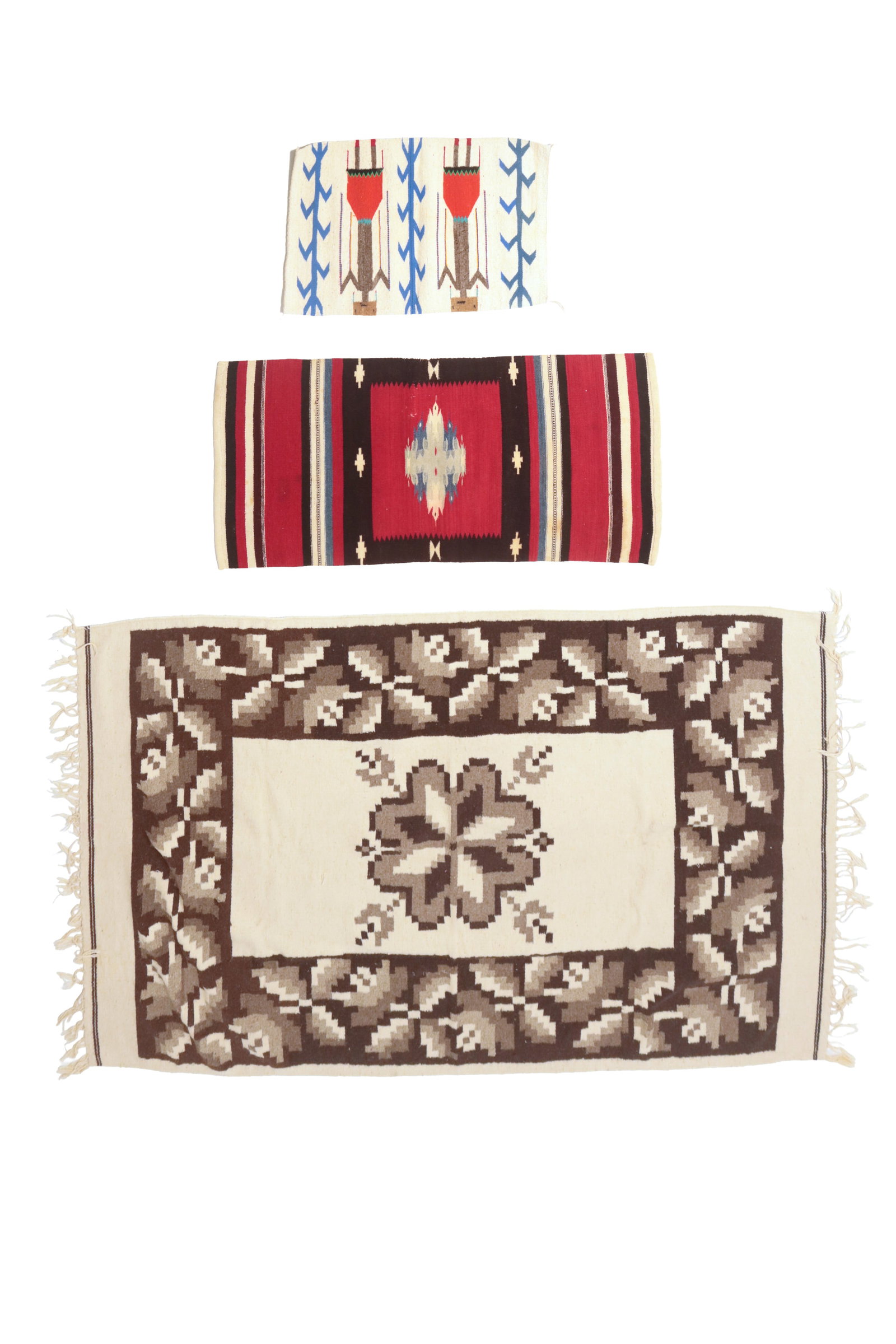 THREE NATIVE AMERICAN RUGS OR BLANKETS, INCLUDING NAVAJO YEI. (1 of 15)