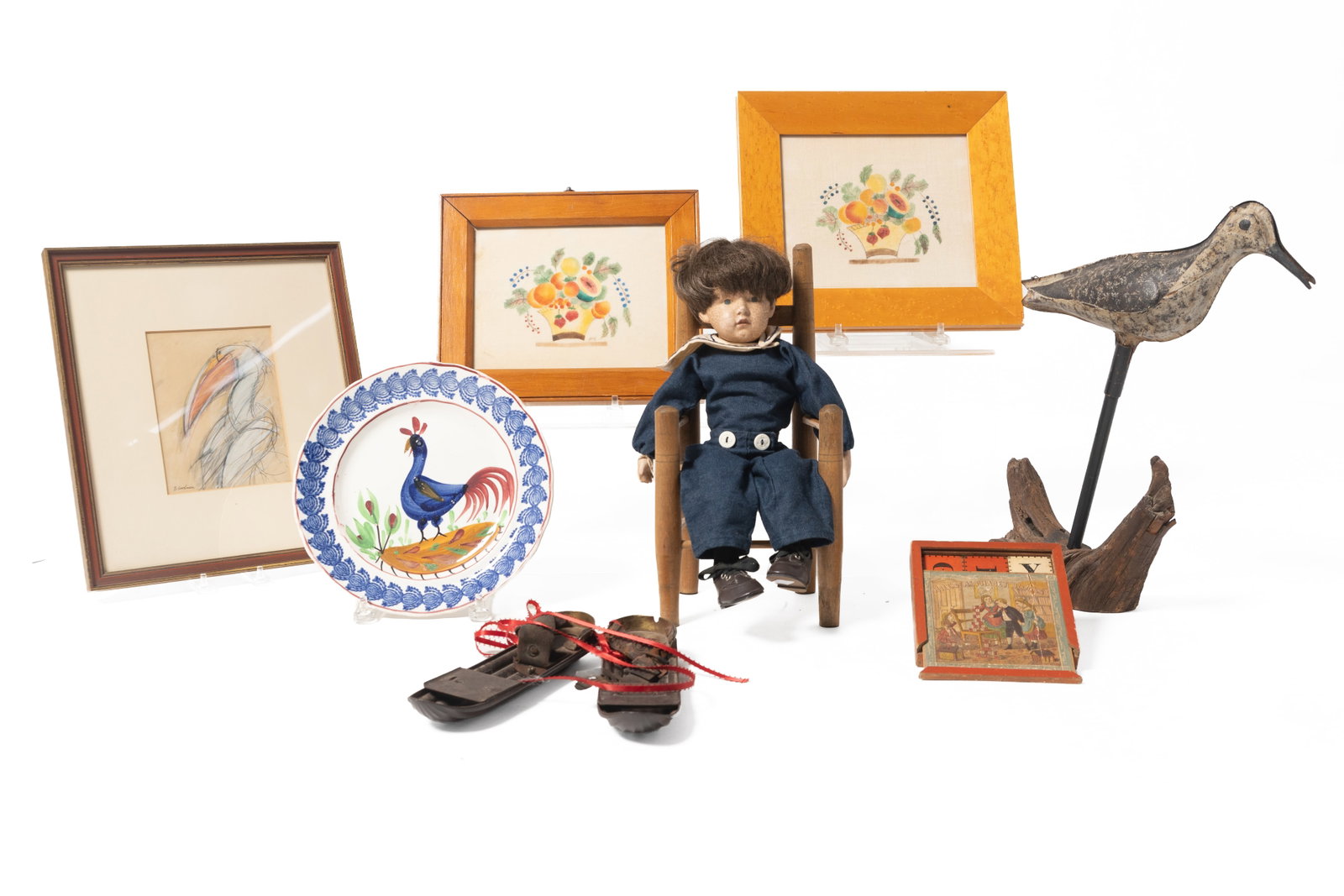 ECLECTIC DECORATIVE GROUPING, INCLUDING TIN SHOREBIRD DECOY. (1 of 12)