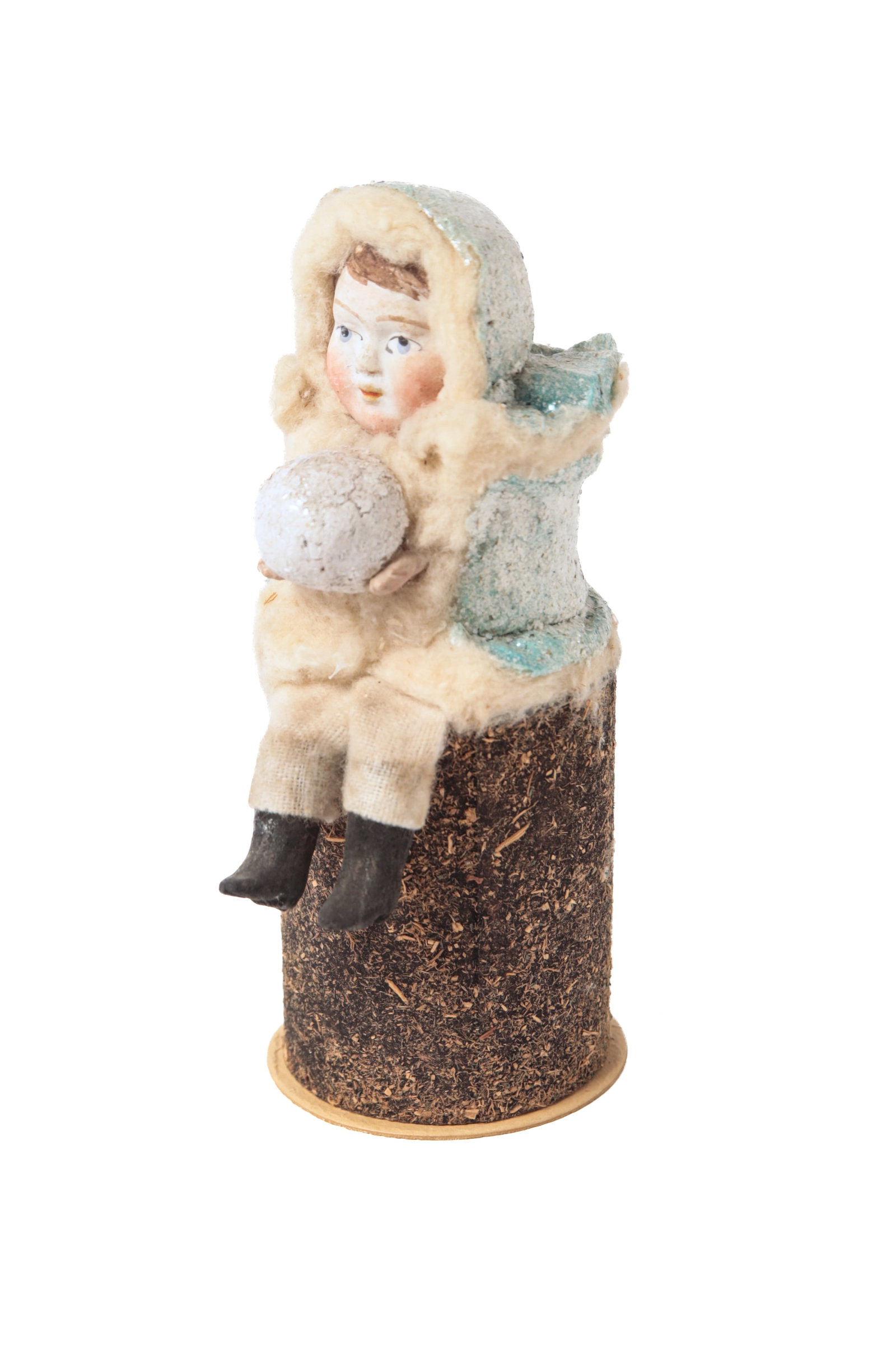 SNOW GIRL ON STUMP CANDY CONTAINER. (1 of 9)