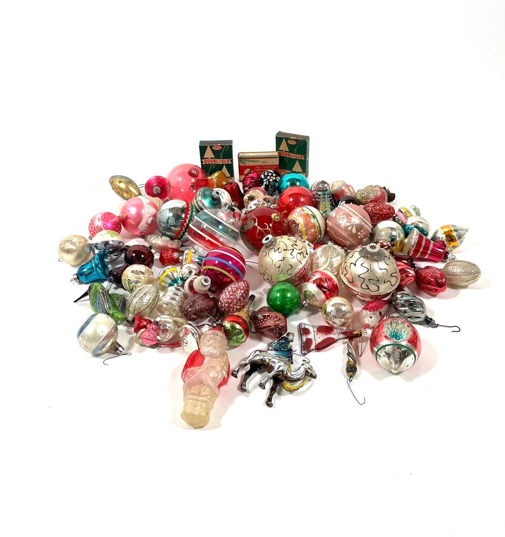 LARGE COLLECTION OF GLASS CHRISTMAS ORNAMENTS, INCLUDING SHINY BRITE.: LARGE COLLECTION OF GLASS CHRISTMAS ORNAMENTS, INCLUDING SHINY BRITE. American, 20th Century. Of various shapes and sizes, several marked "Shiny Brite" or "Made in USA," plus three boxes of ornament