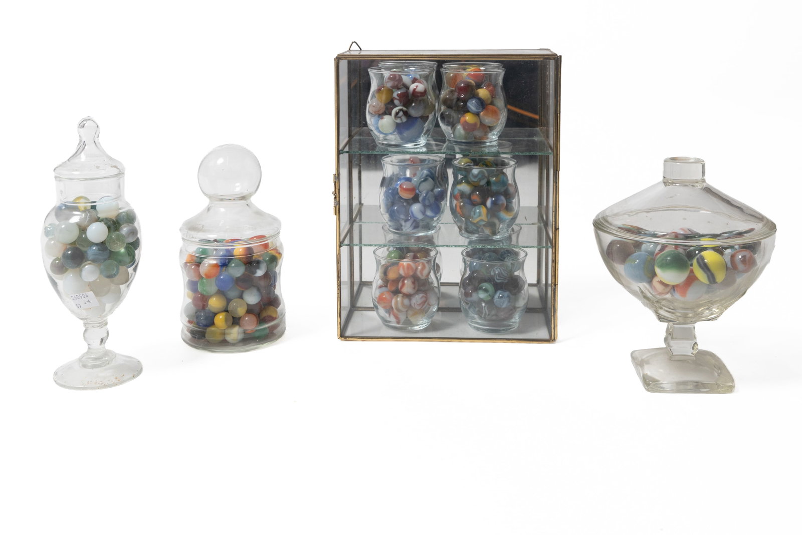 LARGE COLLECTION OF GLASS MARBLES IN GLASS CONTAINERS. (1 of 5)