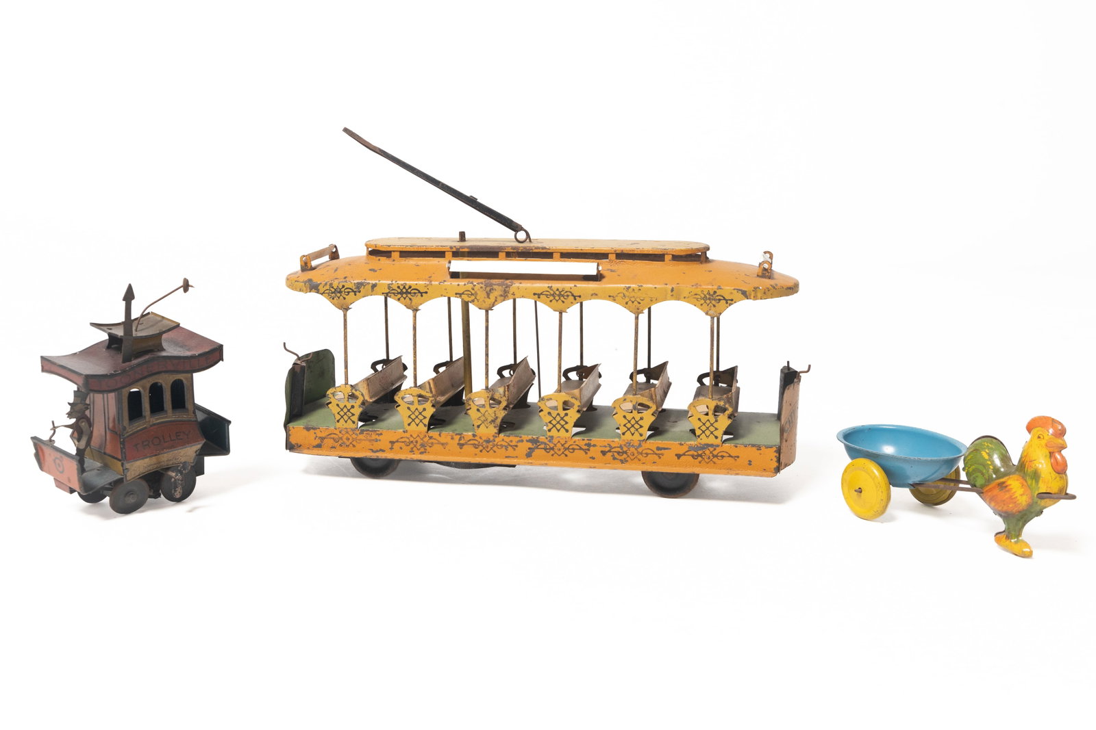 TOONERVILLE TROLLEY, CONVERSE CLOCKWORK TROLLEY, AND ROOSTER TIN LITHO TOYS. (1 of 20)