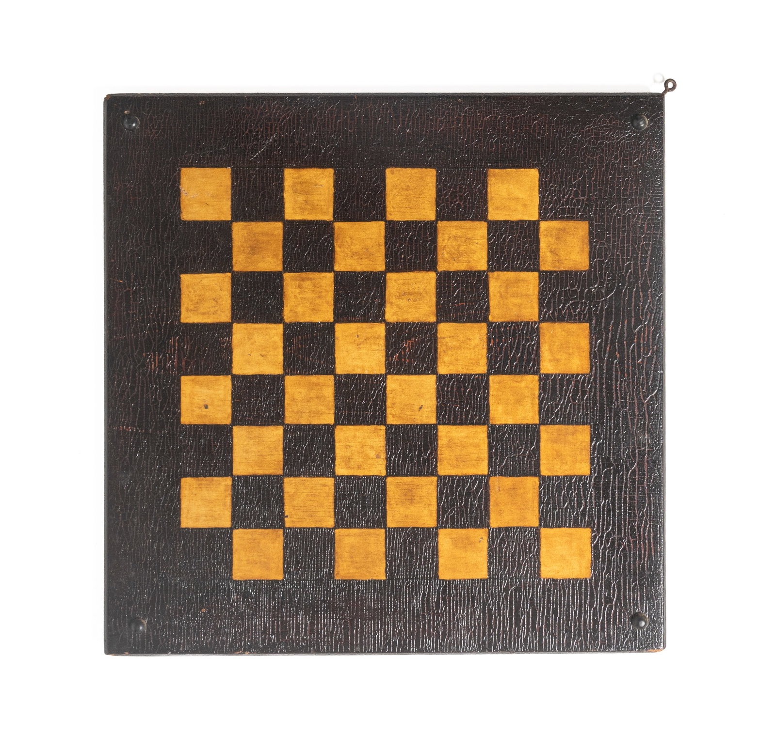 PAINTED TWO-SIDED GAMEBOARD.: PAINTED TWO-SIDED GAMEBOARD. American, 19th Century. Parcheesi in gold on a dark ground and reverse side checkerboard in gold and dark paint. 22" square.