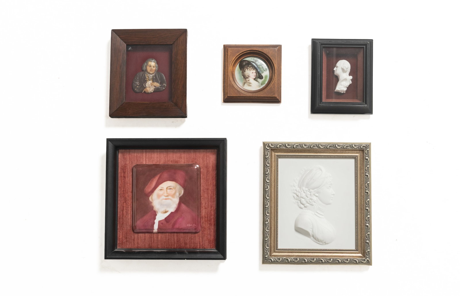 FIVE FRAMED ITEMS, INCL. PORTRAIT ON PORCELAIN.: FIVE FRAMED ITEMS, INCL. PORTRAIT ON PORCELAIN. European, 19th and 20th Century. Sulphide bust of George Washington, 6.25"h. 5"w., wax bust of Erasmus Darwin after Willian Hackwood, 7.25"h. 6.5"w., a