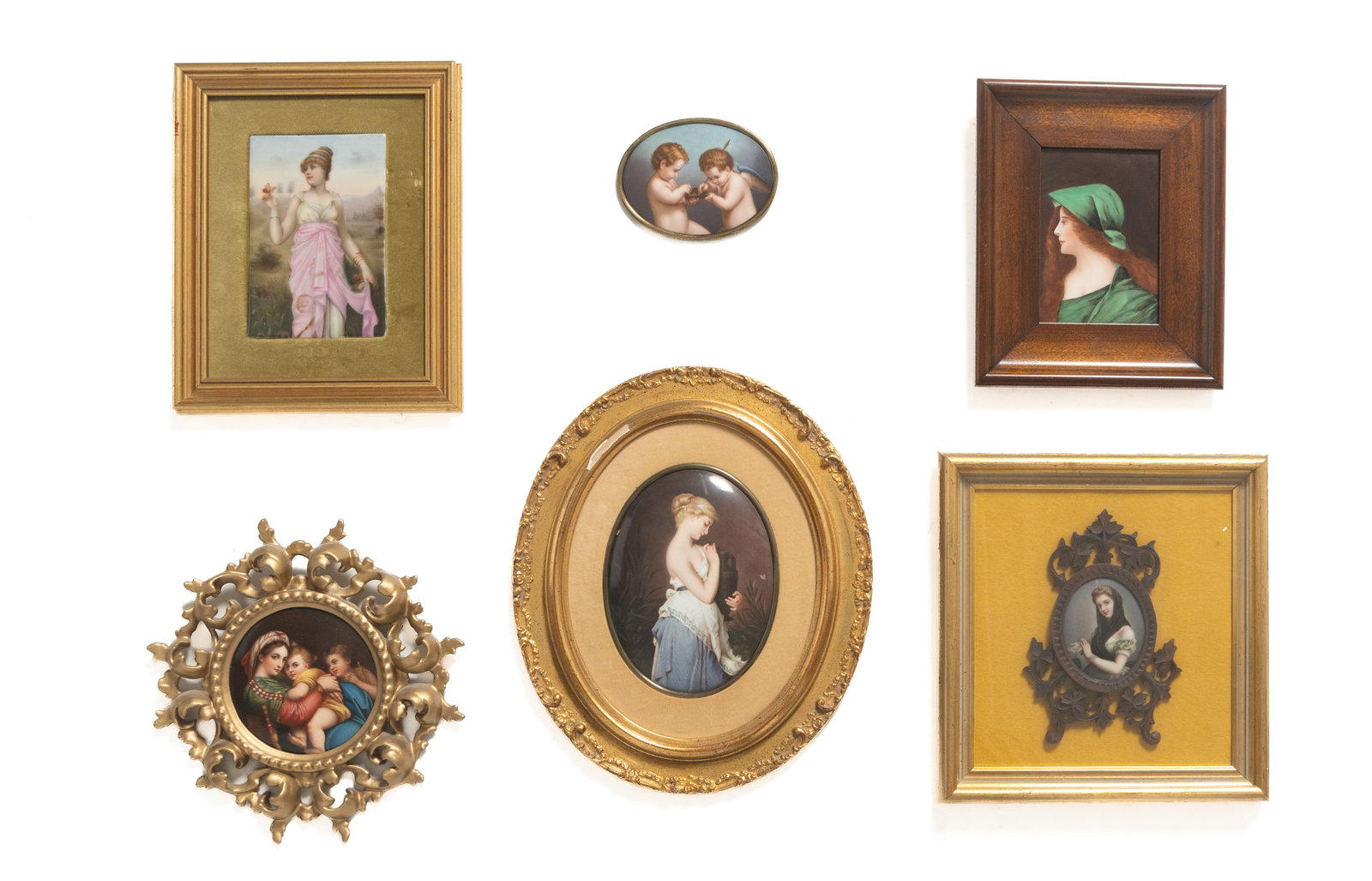 SIX HAND-PAINTED PORTRAITS ON PORCELAIN.: SIX HAND-PAINTED PORTRAITS ON PORCELAIN. European, 19th Century. "Madonna della Seggiola" after Raphael in a Florentine frame, 10"d., oval of a blond lady holding an amphora, 13"h. 10.75"w., oval of