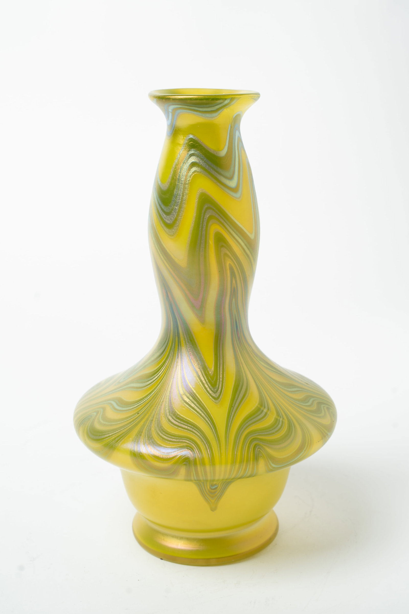 LOETZ PHANOMEN VASE.: LOETZ PHANOMEN VASE. Austrian, late 19th or early 20th Century. Lime green with pulled feather decoration and iridization. Signed "Loetz Austria" inside polished pontil. 10"h. Provenance: The Estate