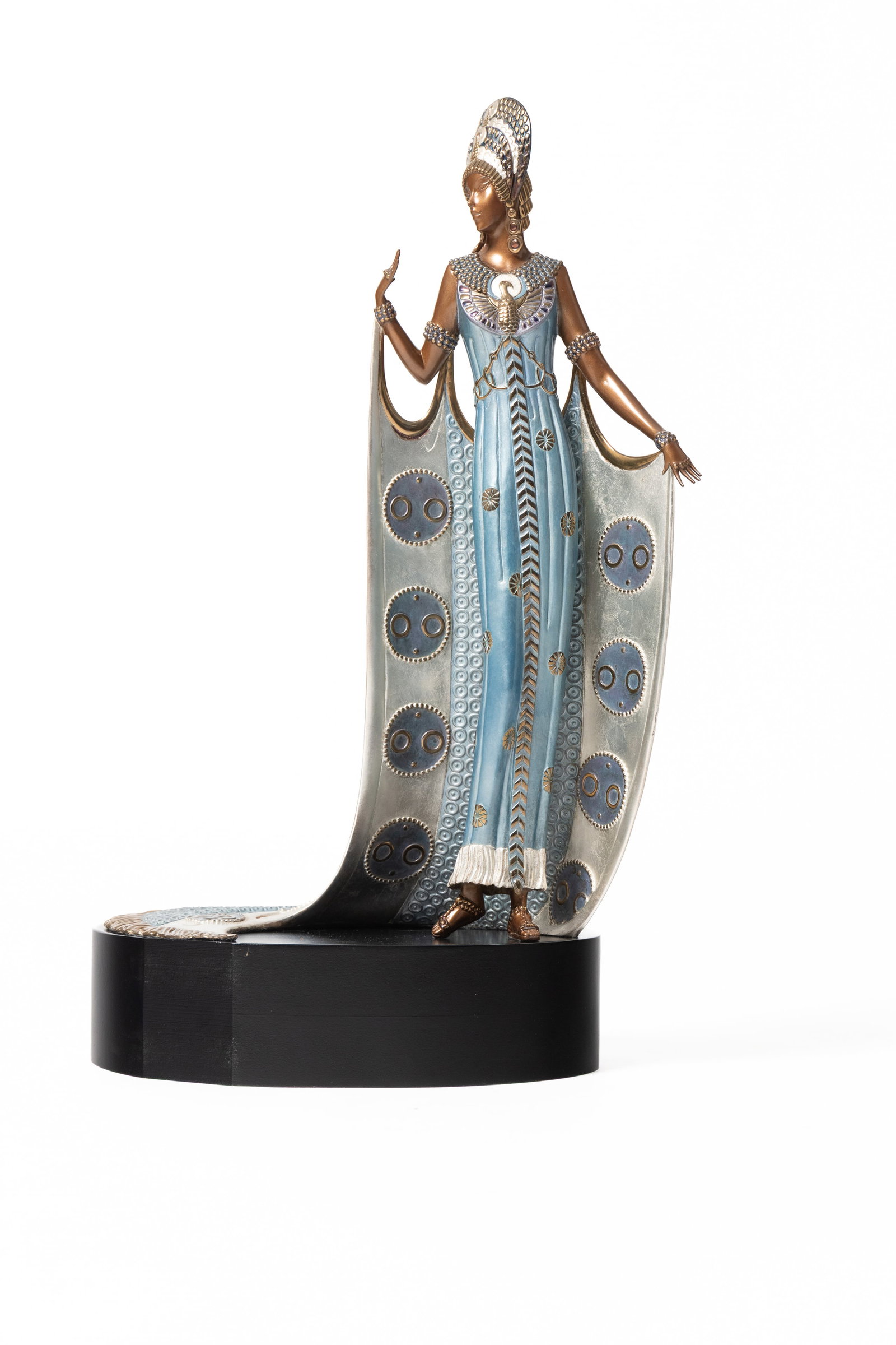 ERTE (RUSSIAN/FRENCH, 1892-1990) "IRAS" BRONZE SCULPTURE, DATED 1990.: ERTE (RUSSIAN/FRENCH, 1892-1990) "IRAS" BRONZE SCULPTURE, DATED 1990. Late 20th Century. Painted bronze of a woman wearing a flowing dress. Numbered 189/500, stamped "Erte" on back, inscribed on edge
