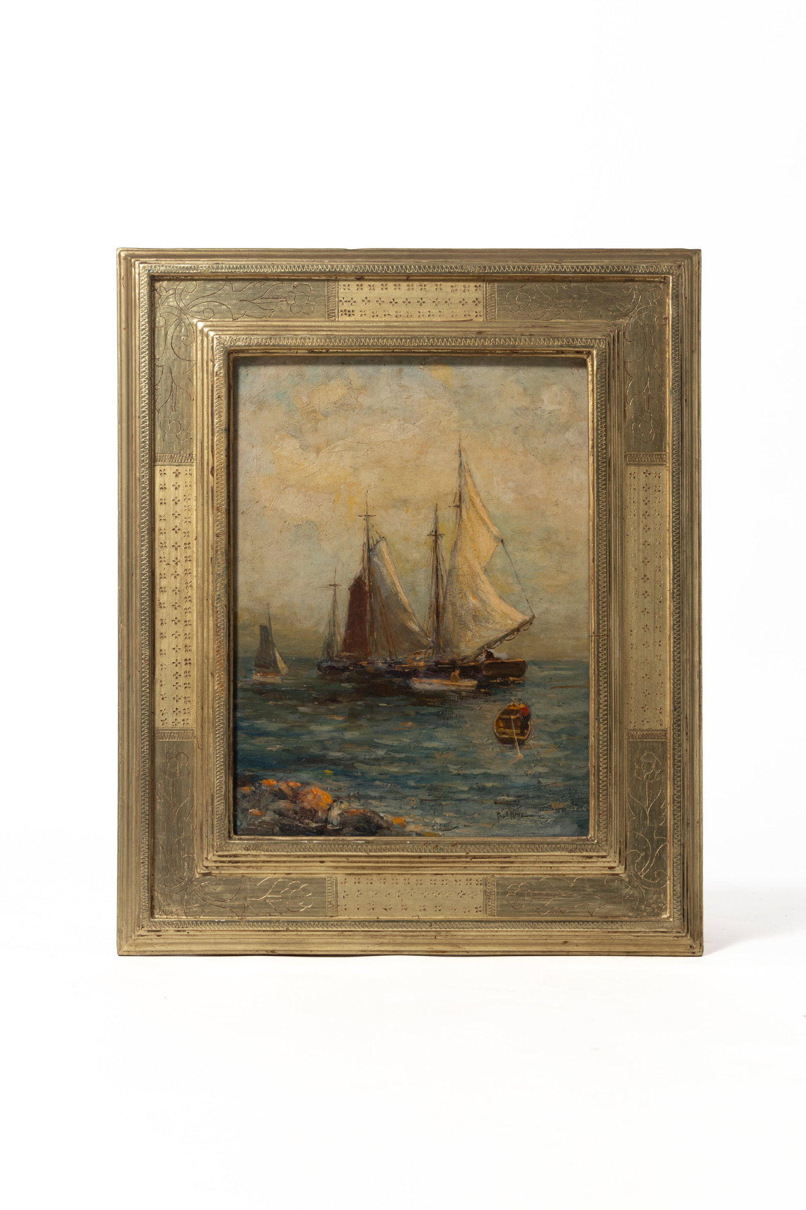 PAUL BERNARD KING (NEW YORK/PENNSYLVANIA, 1867-1947) OIL ON BOARD SEASCAPE.: PAUL BERNARD KING (NEW YORK/PENNSYLVANIA, 1867-1947) OIL ON BOARD SEASCAPE. American, late 19th Century. Signed lower right "Paul King". Depicting boats on the water, near the rocky shore, and a man